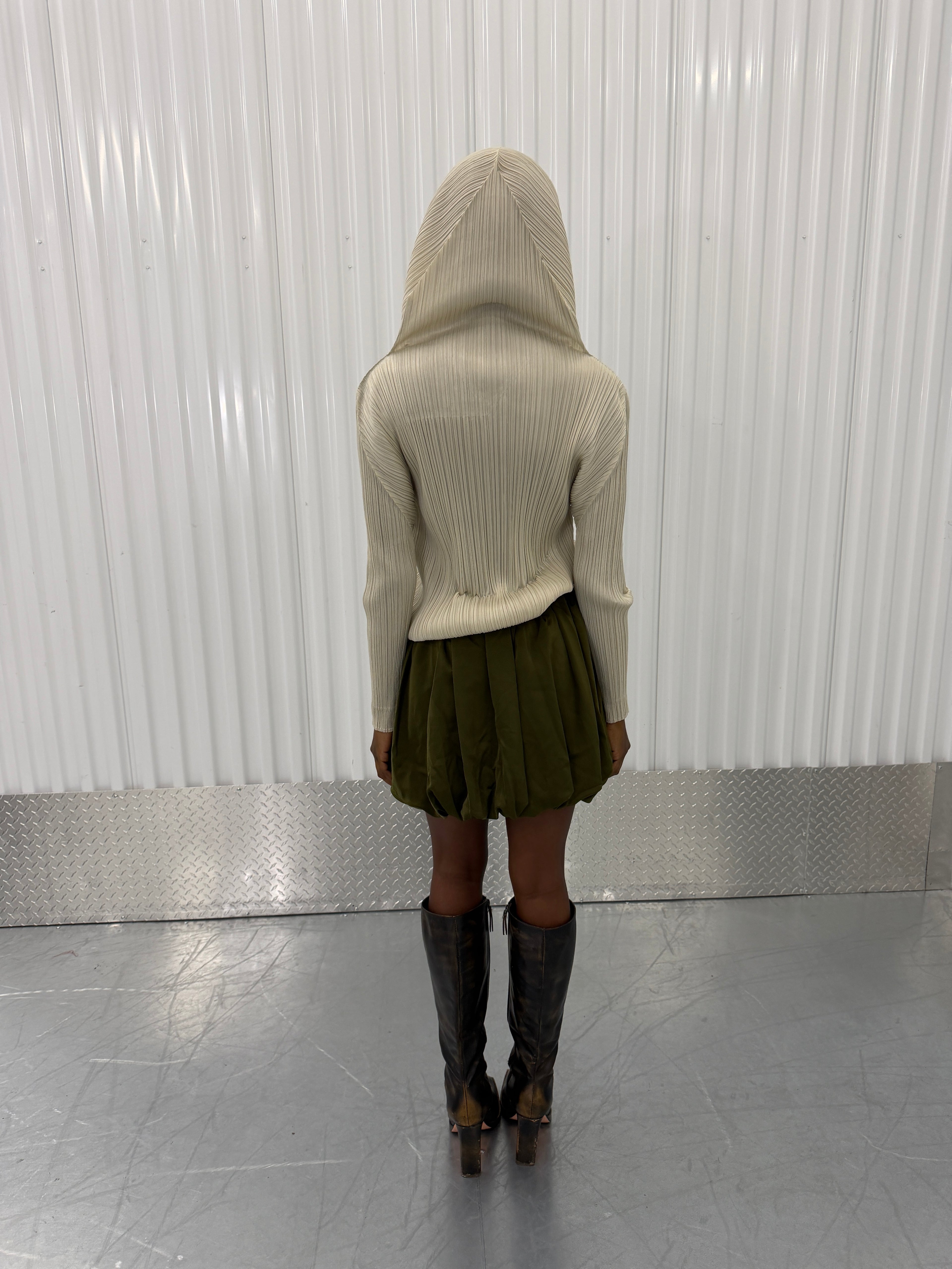 pleats please biege cowl neck hoodie