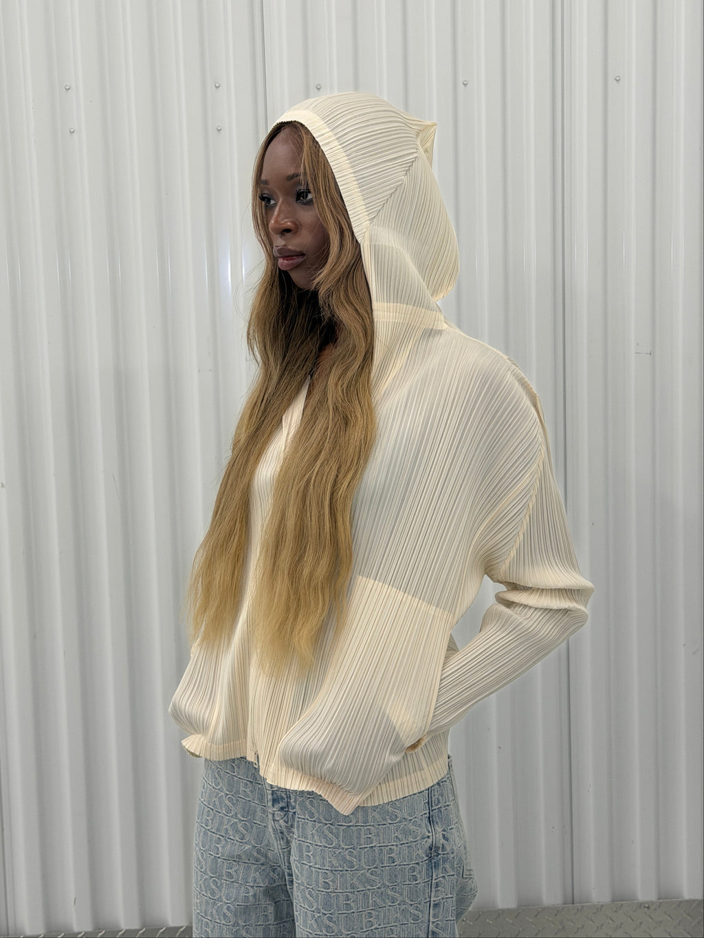 pleats please zipper hoodie - beige