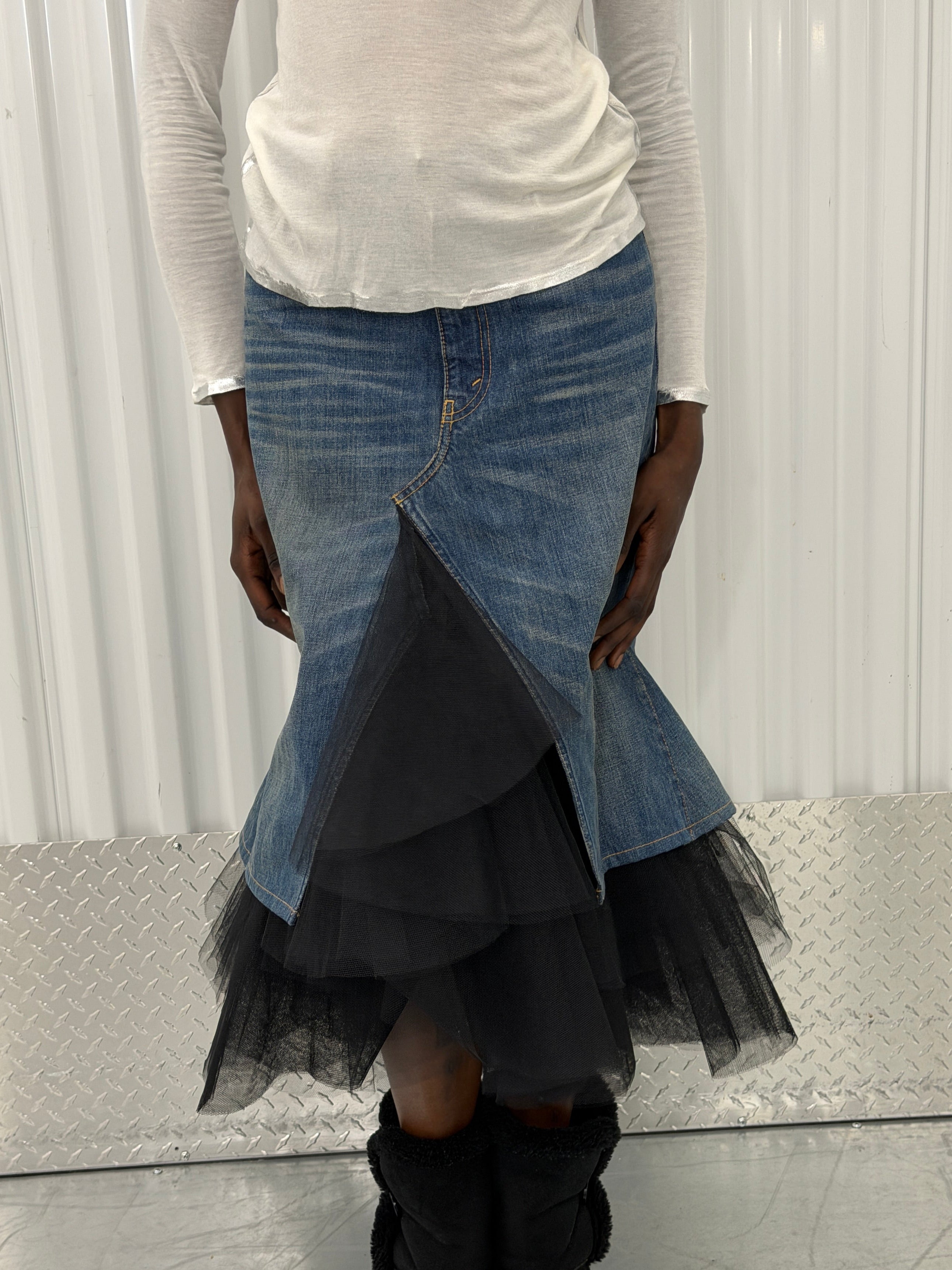 junya wantanabe tulle denim midi skirt