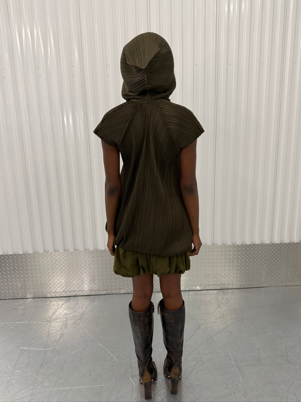 pleats please khaki hoodie mini dress