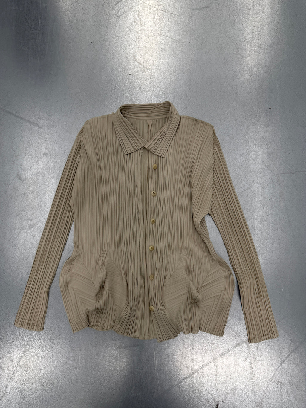 pleats please washed grey button up blouse