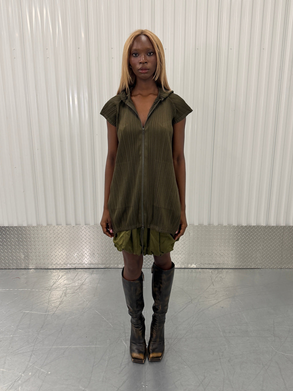 pleats please khaki hoodie mini dress