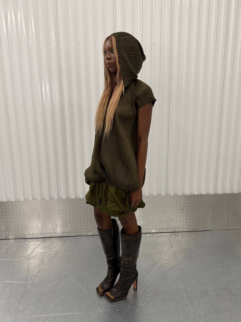 pleats please khaki hoodie mini dress