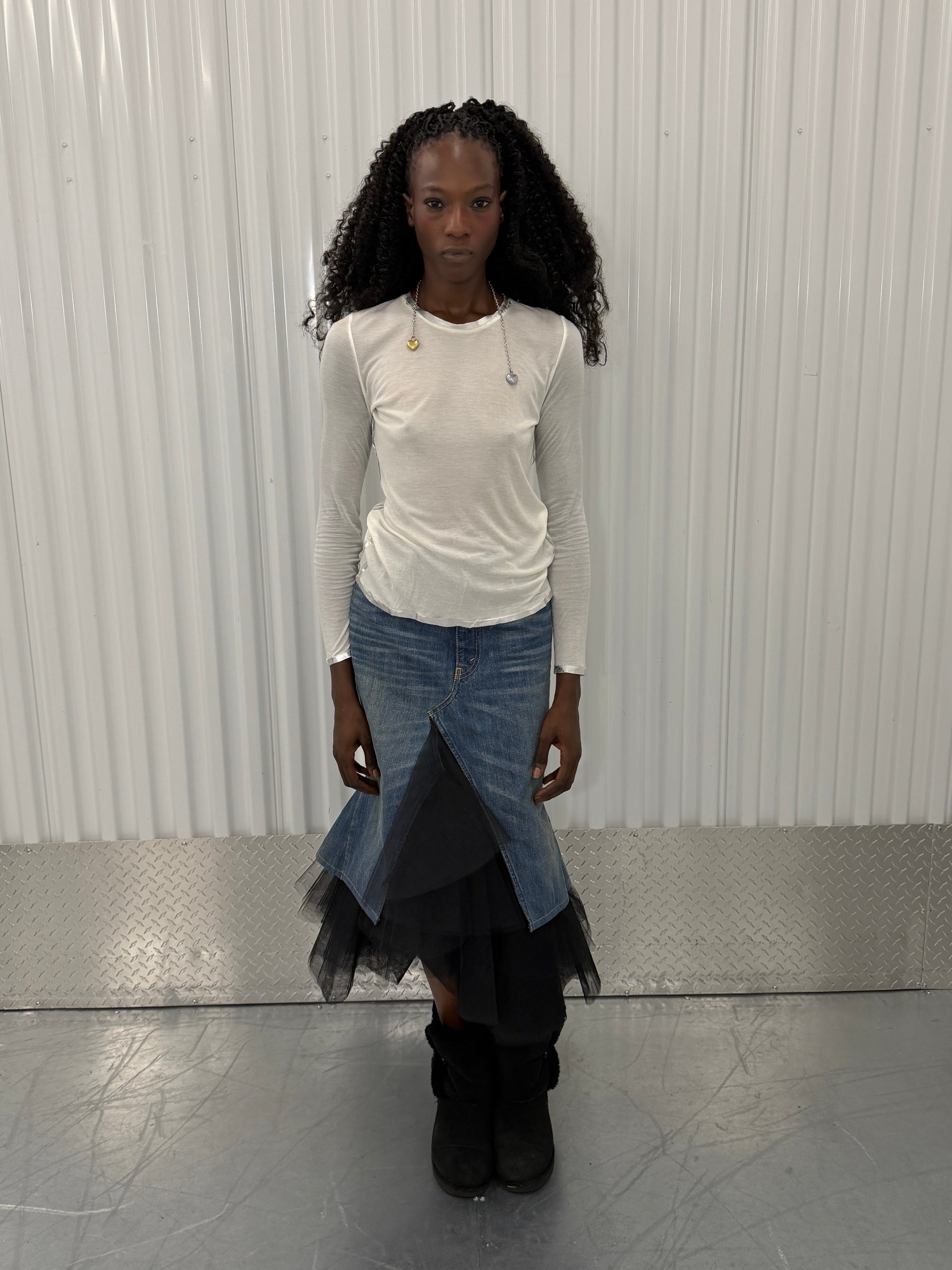 junya wantanabe tulle denim midi skirt