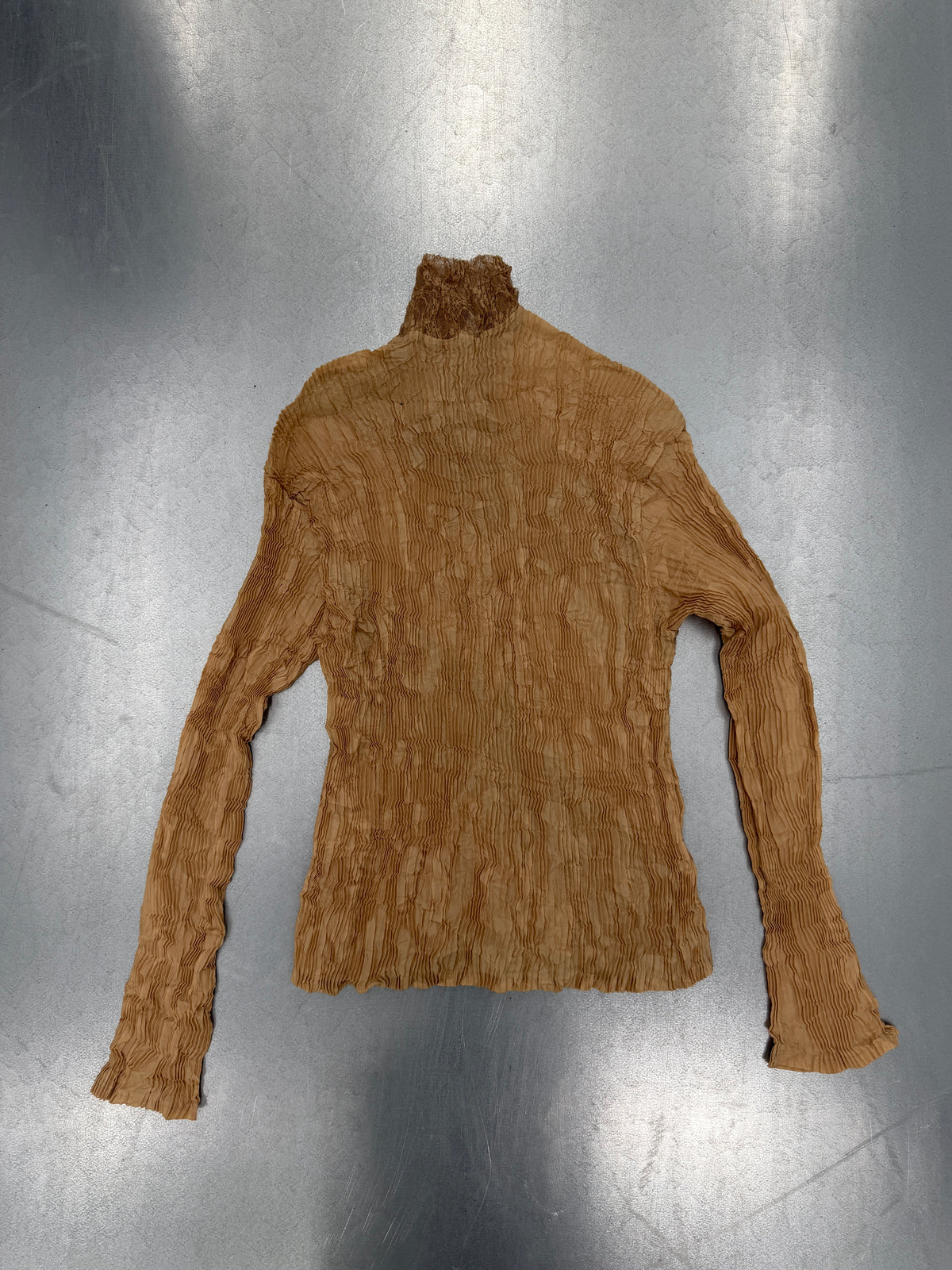 issey miyake biege pleated lace blouse