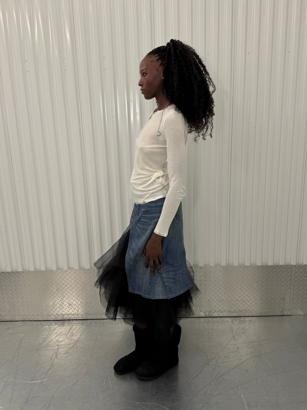 junya wantanabe tulle denim midi skirt