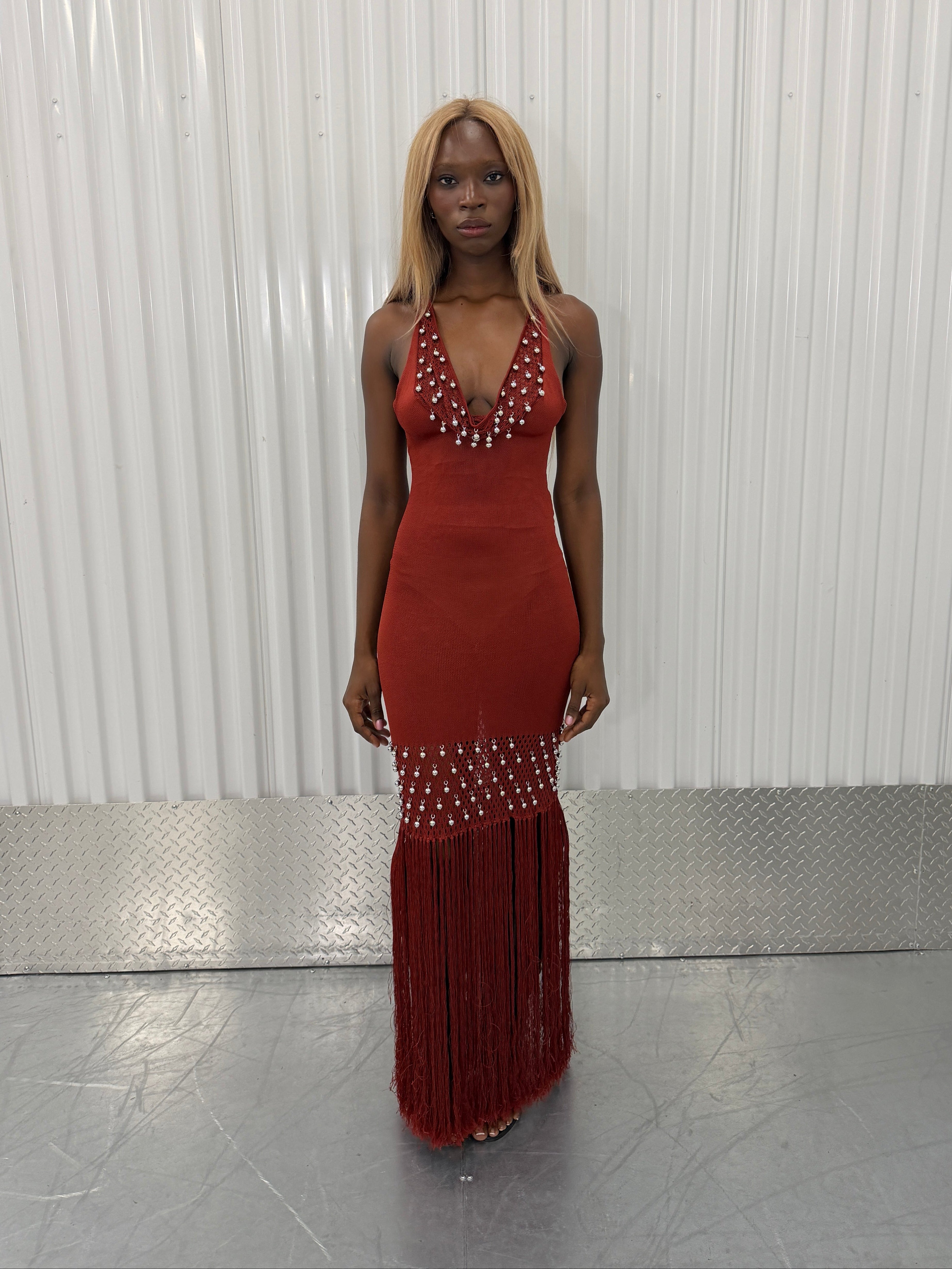 paco rabanne beaded dress in rust