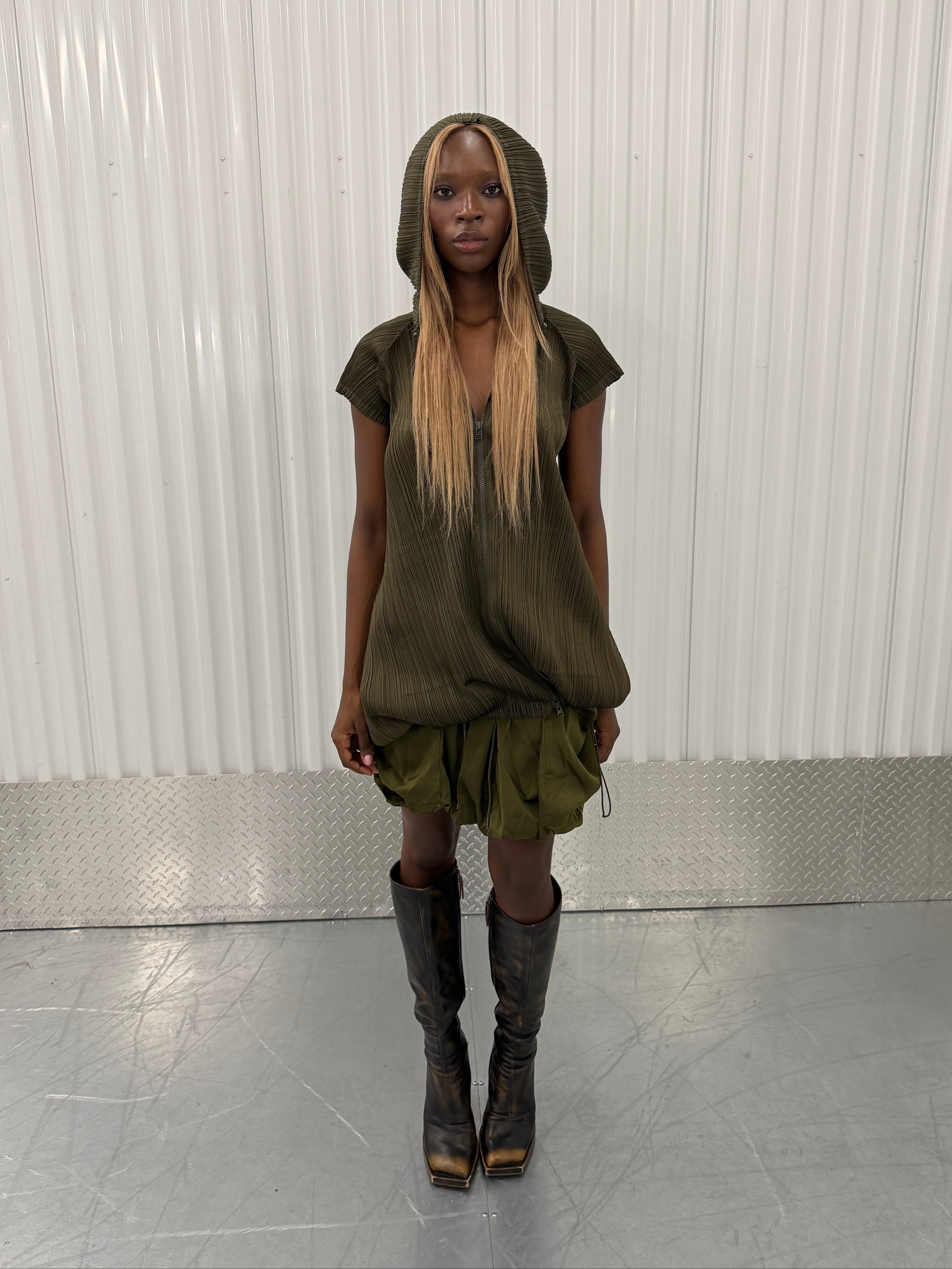 pleats please khaki hoodie mini dress