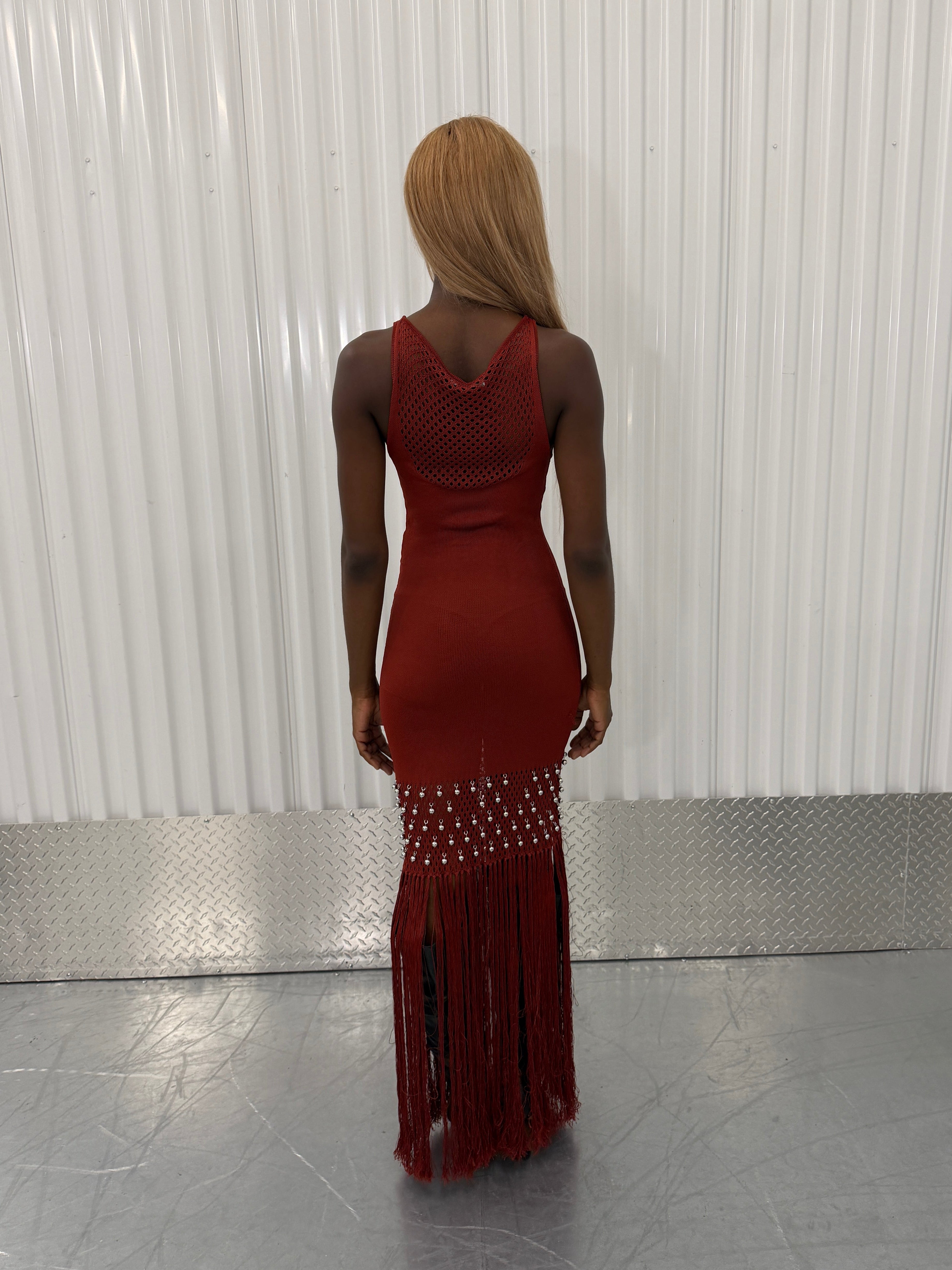 paco rabanne beaded dress in rust