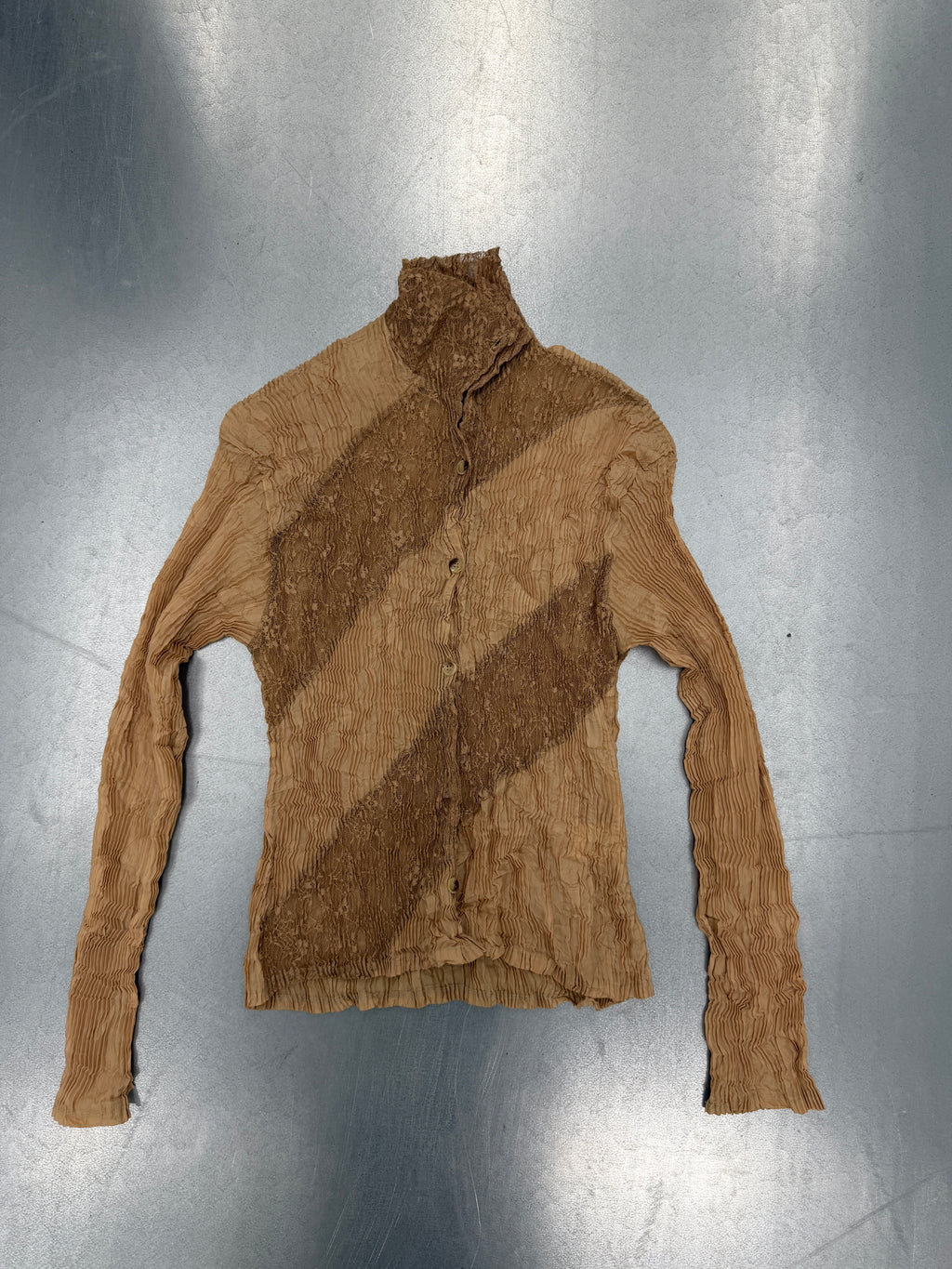 issey miyake biege pleated lace blouse