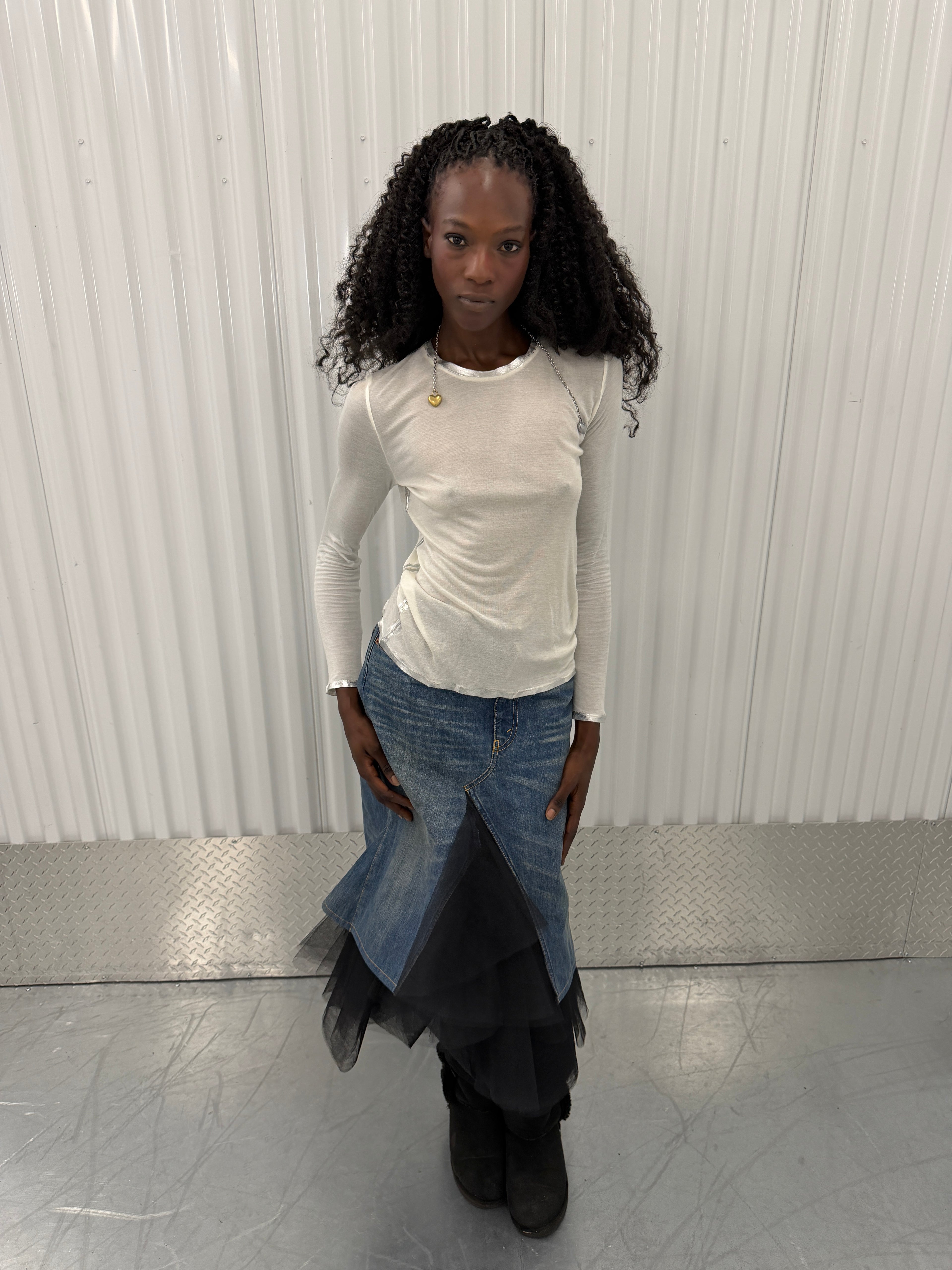 junya wantanabe tulle denim midi skirt