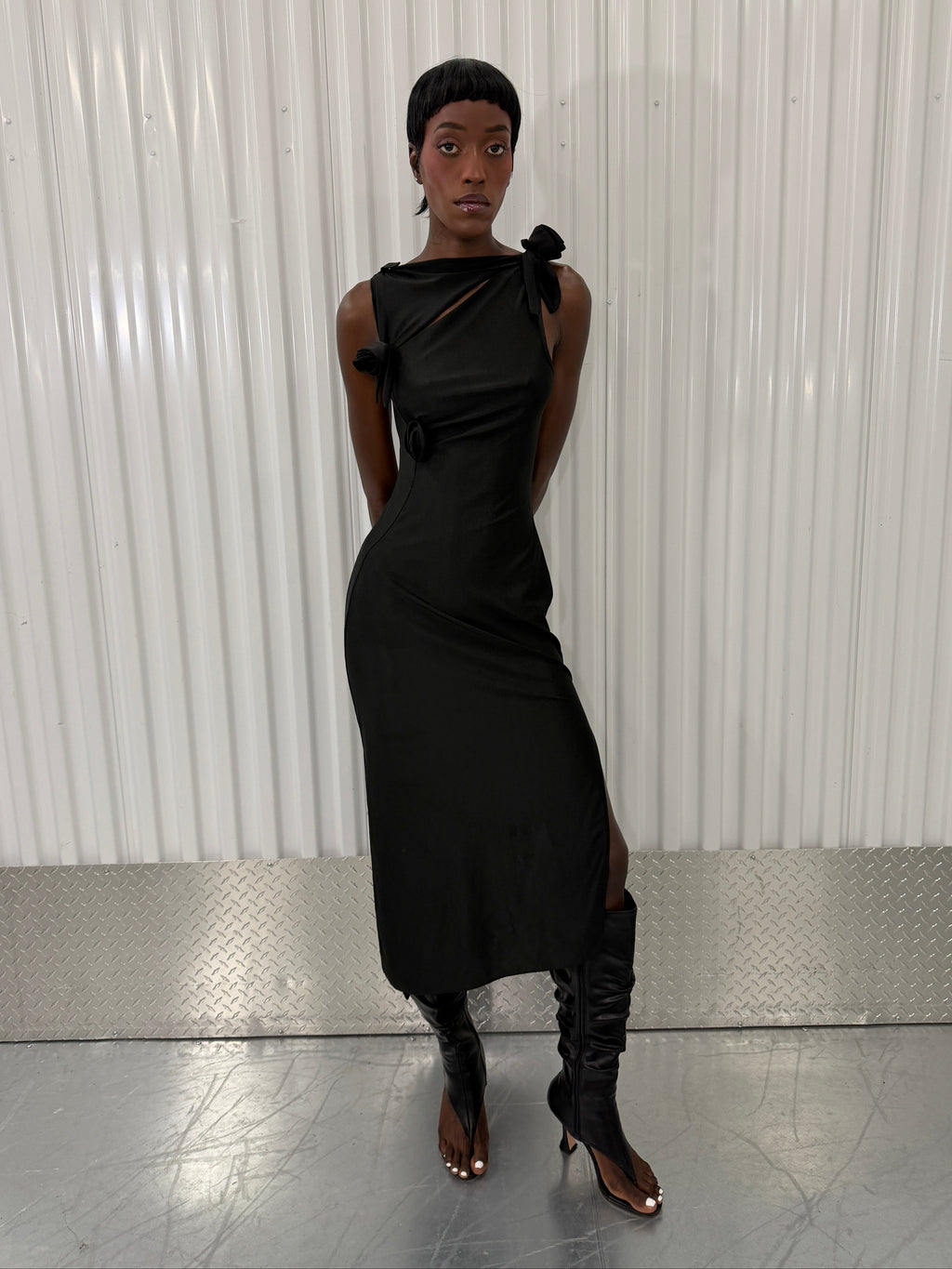 coperni black 3d flower maxi dress in black