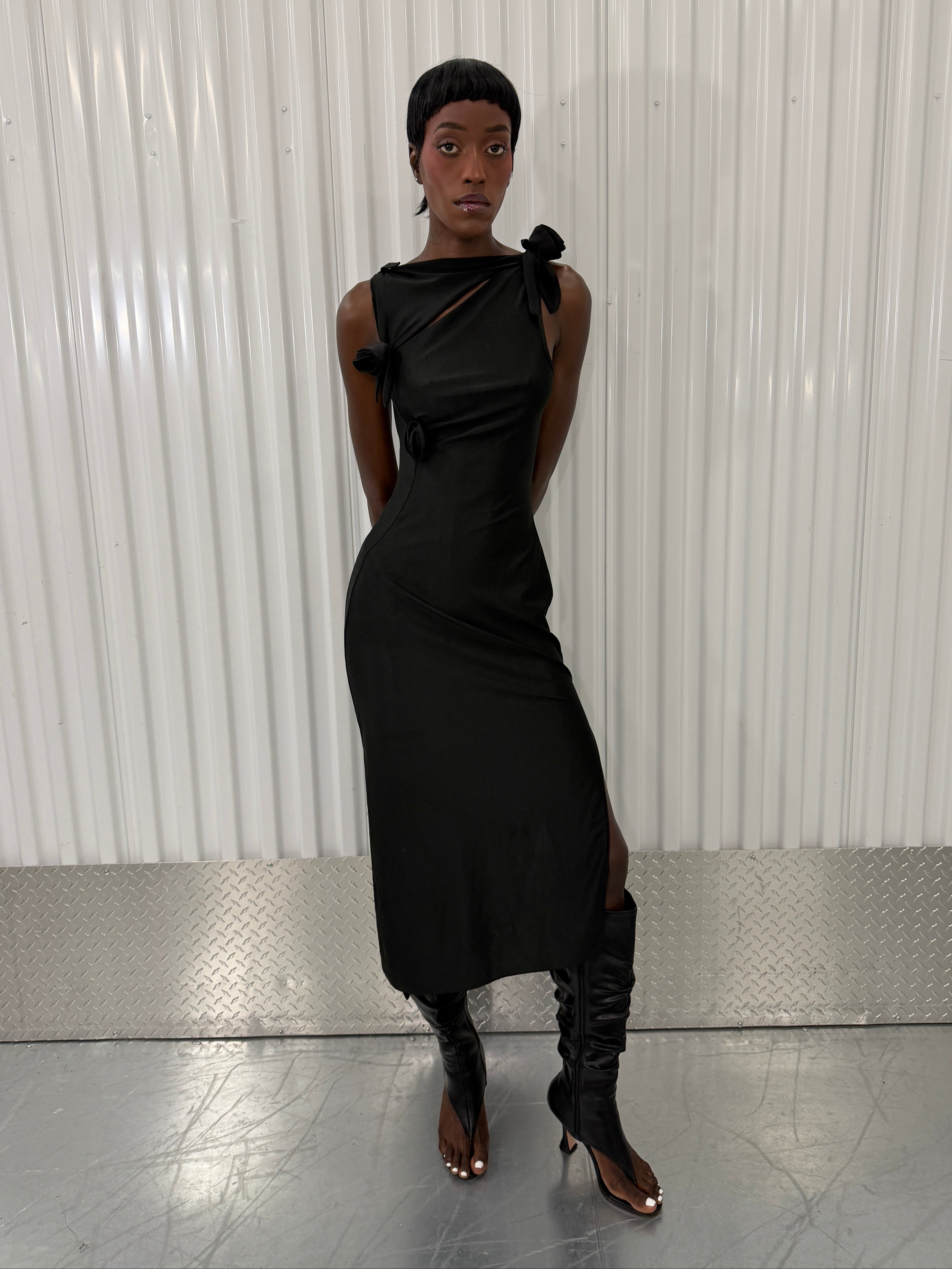 coperni black 3d flower maxi dress in black