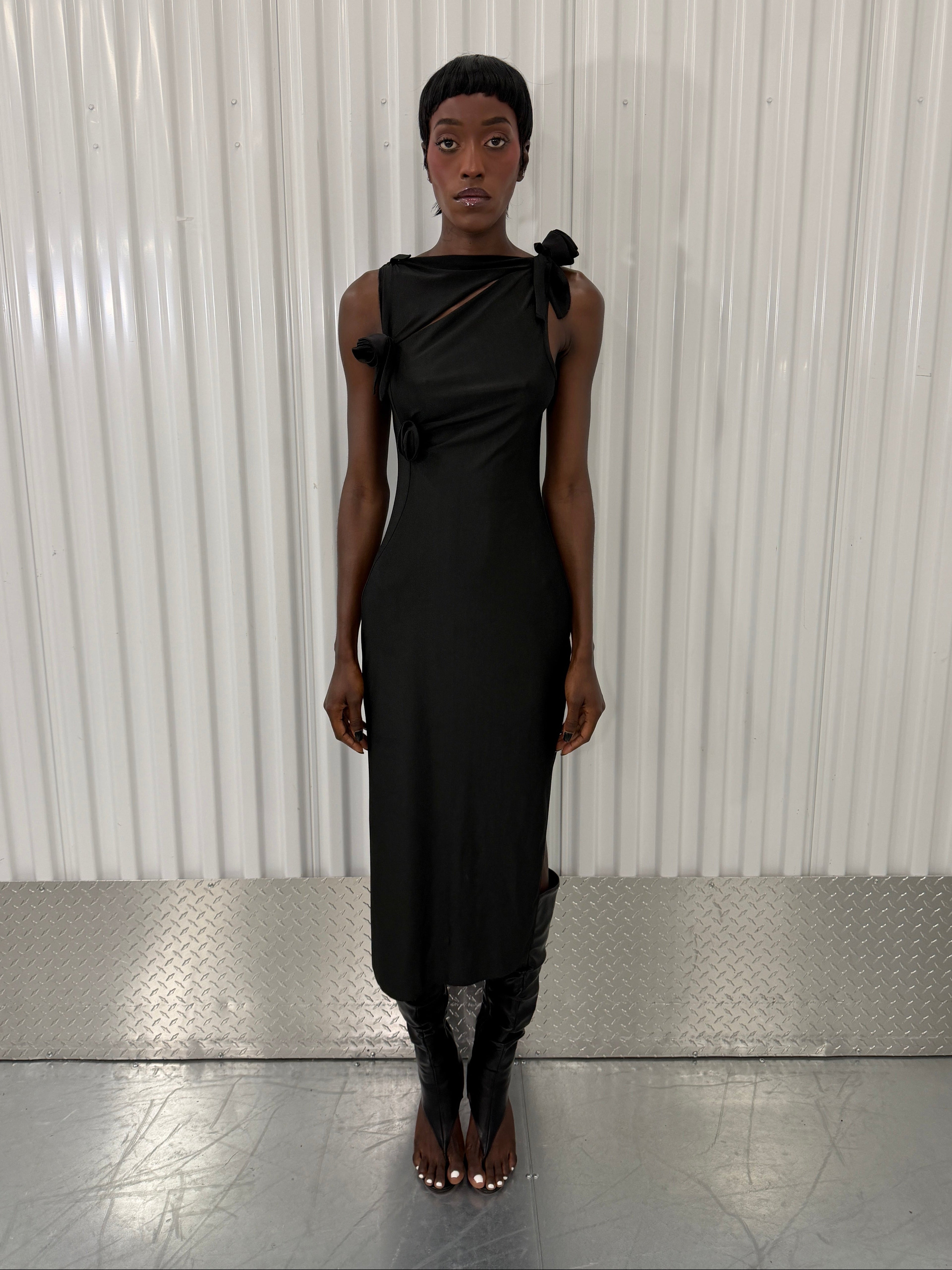 coperni black 3d flower maxi dress in black
