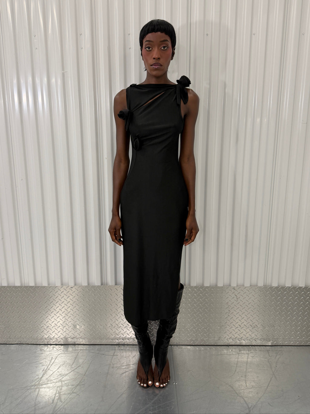 coperni black 3d flower maxi dress in black