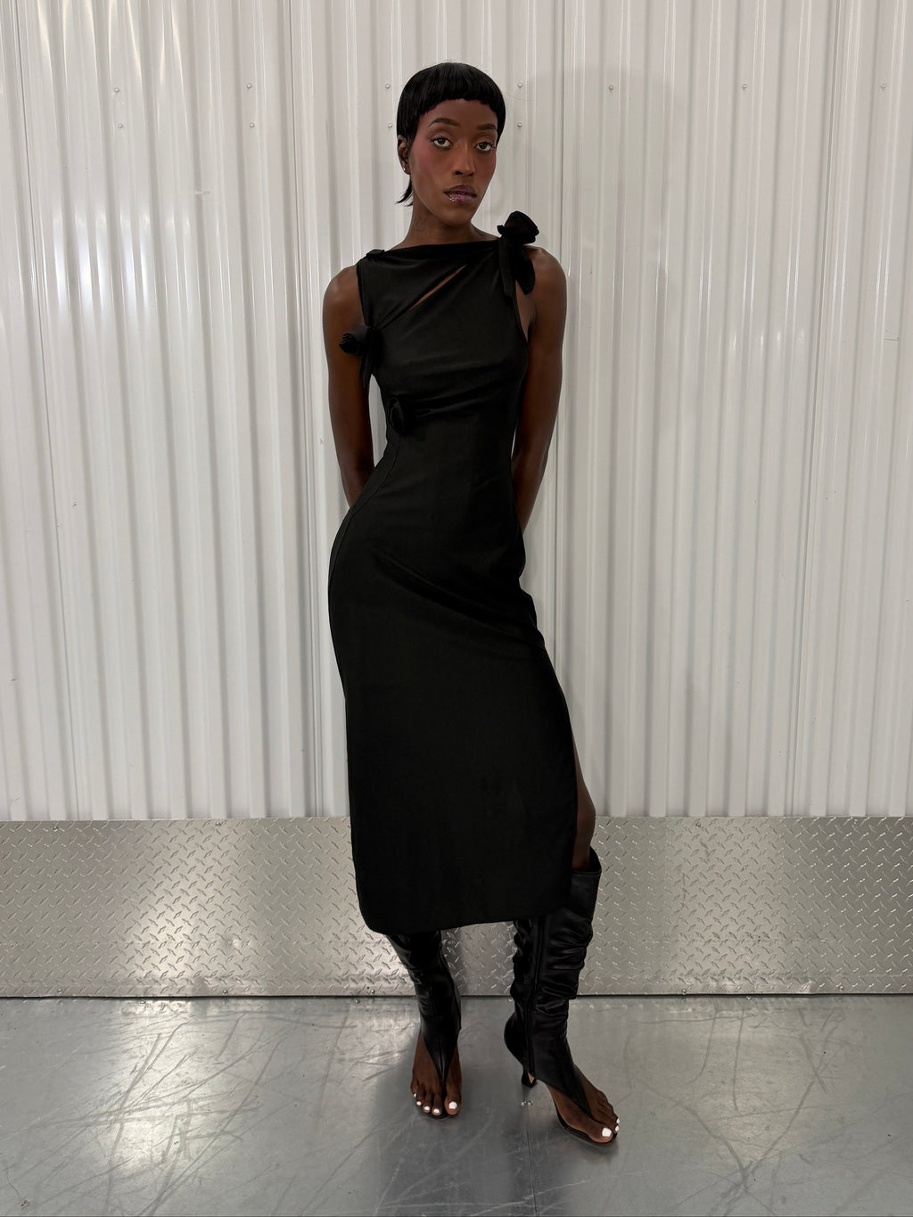 coperni black 3d flower maxi dress in black
