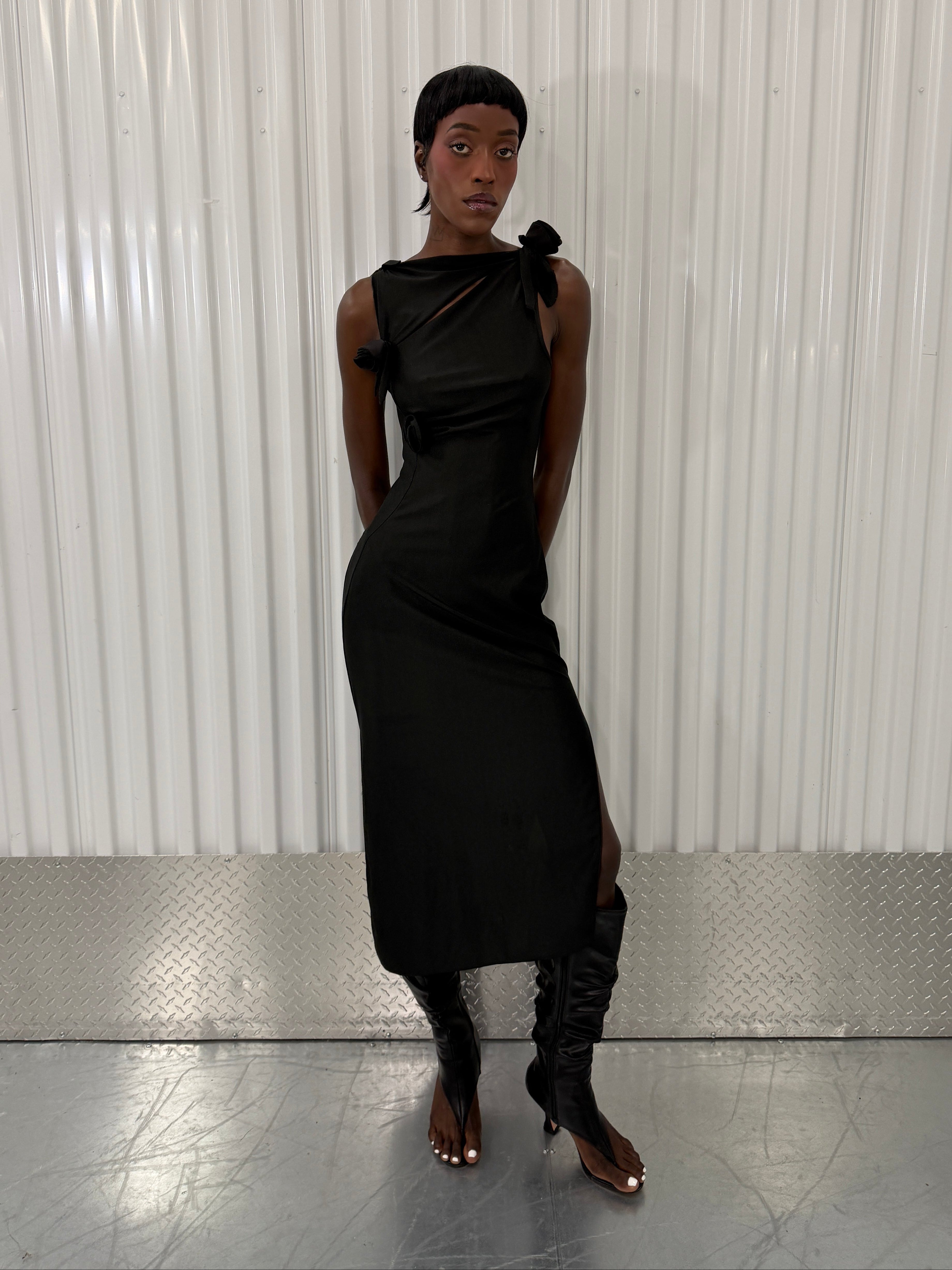 coperni black 3d flower maxi dress in black