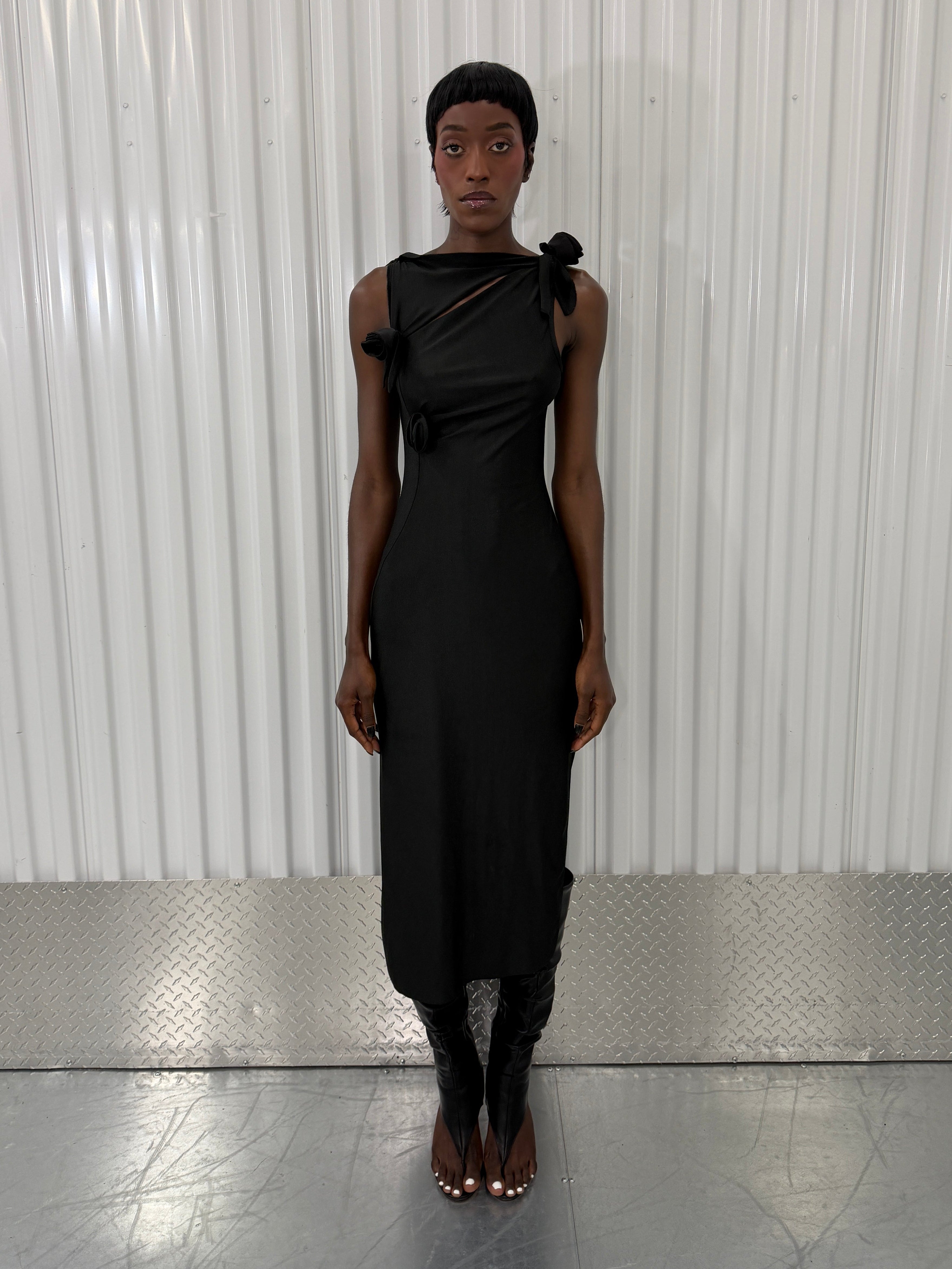 coperni black 3d flower maxi dress in black