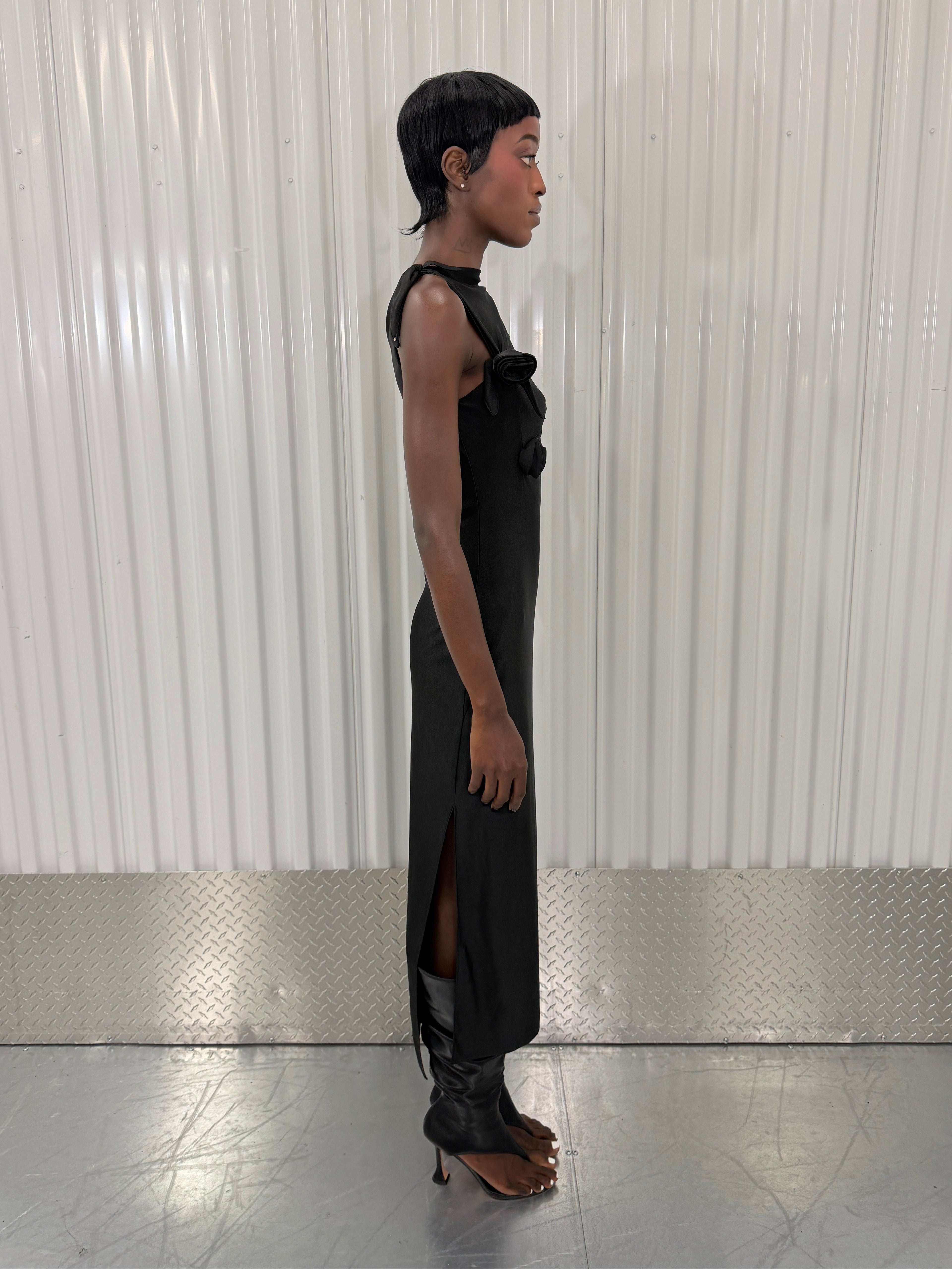 coperni black 3d flower maxi dress in black