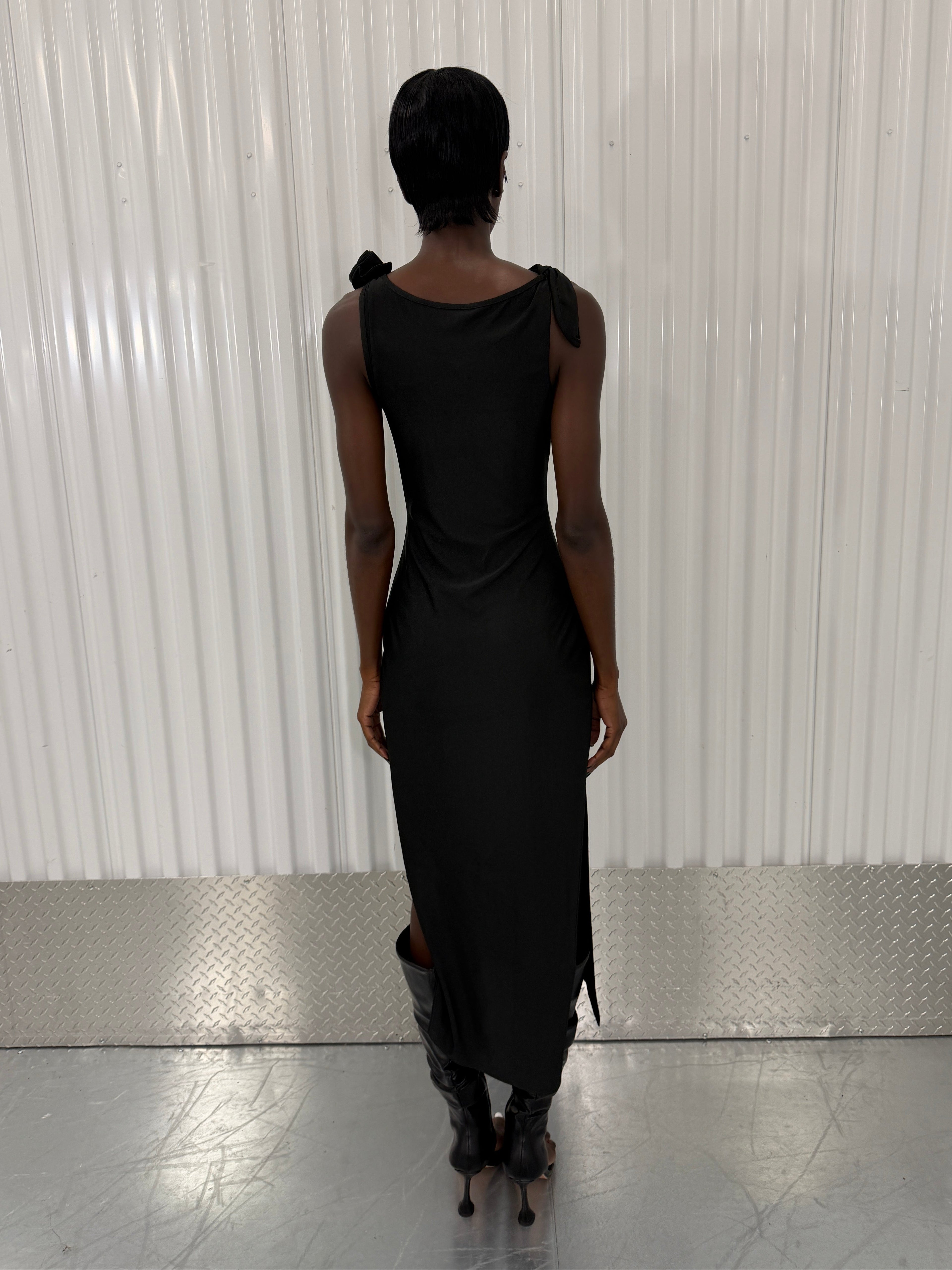 coperni black 3d flower maxi dress in black