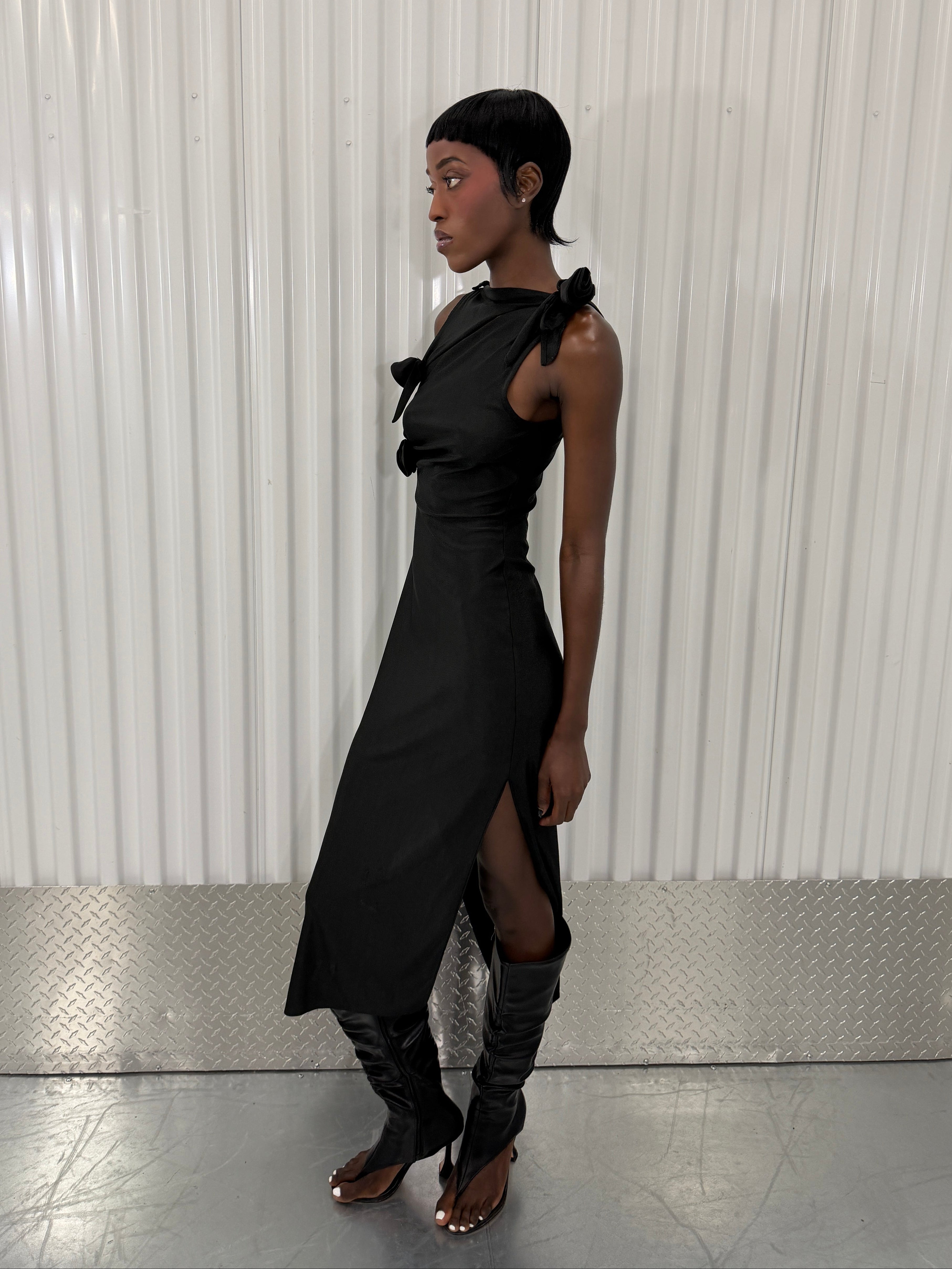 coperni black 3d flower maxi dress in black