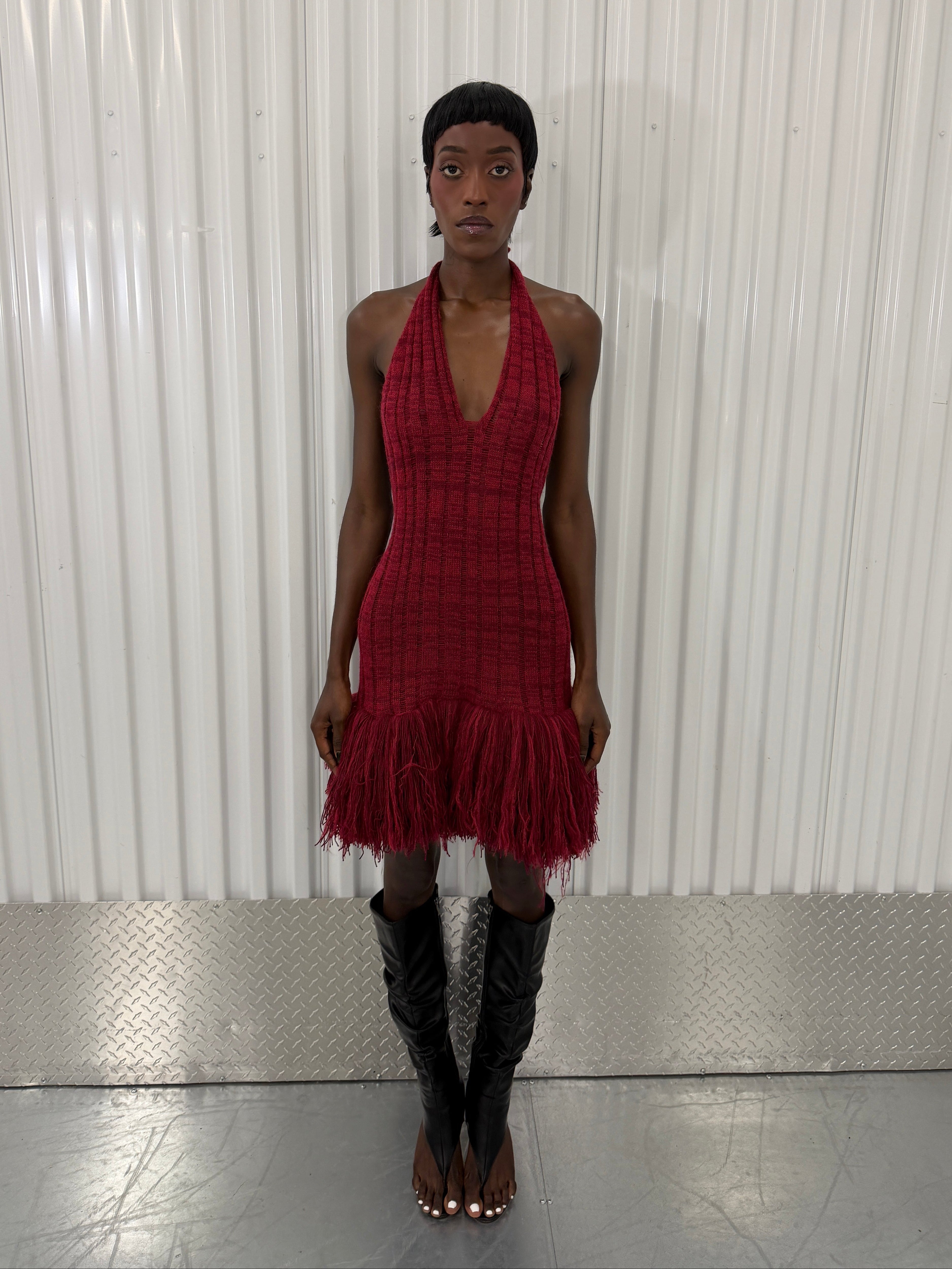 george trochopoulos red knit fringe dress