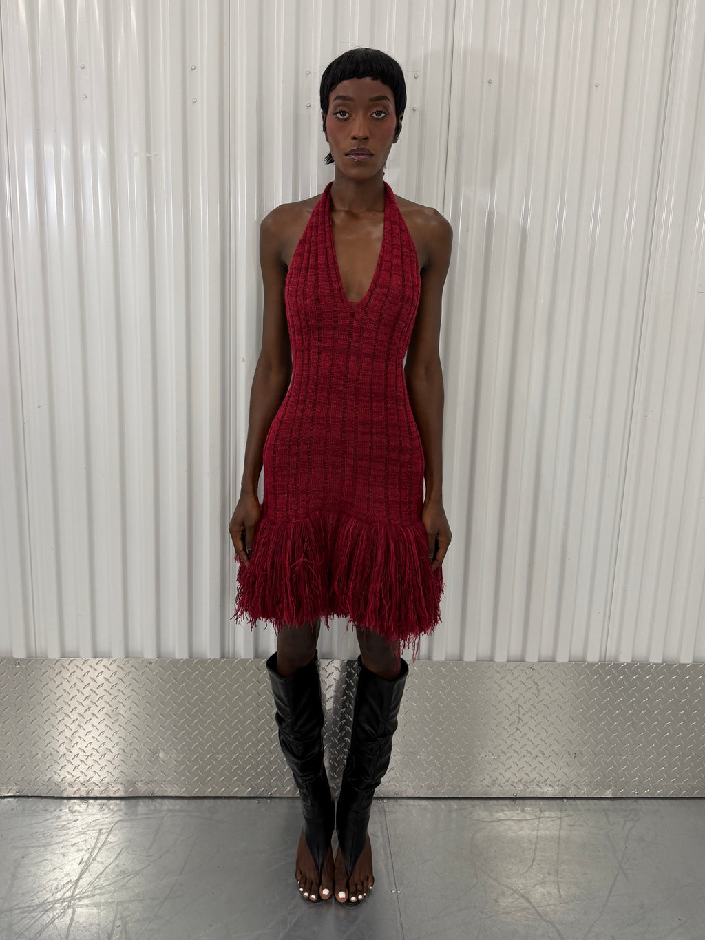 george trochopoulos red knit fringe dress