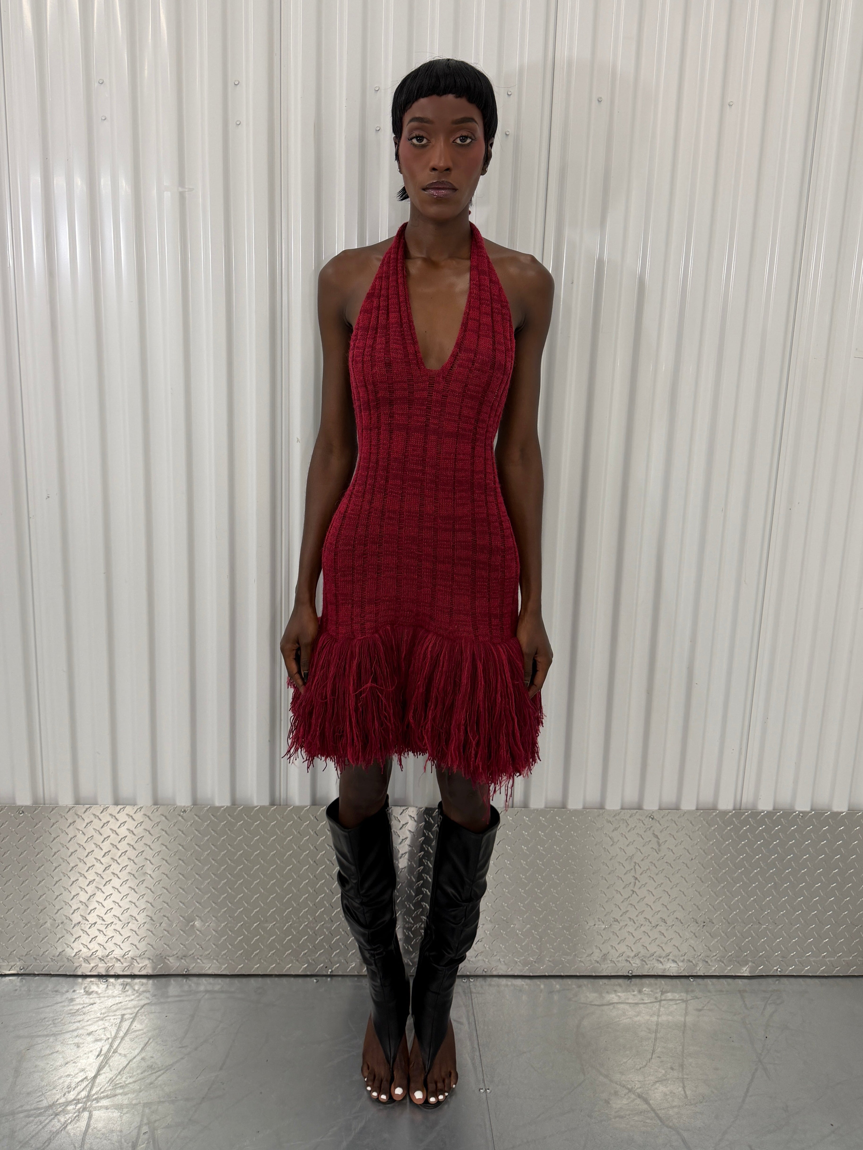 george trochopoulos red knit fringe dress