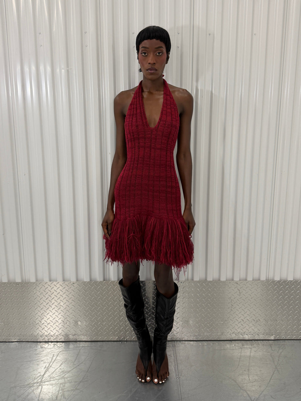 george trochopoulos red knit fringe dress