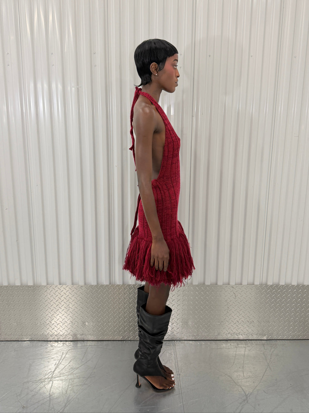 george trochopoulos red knit fringe dress