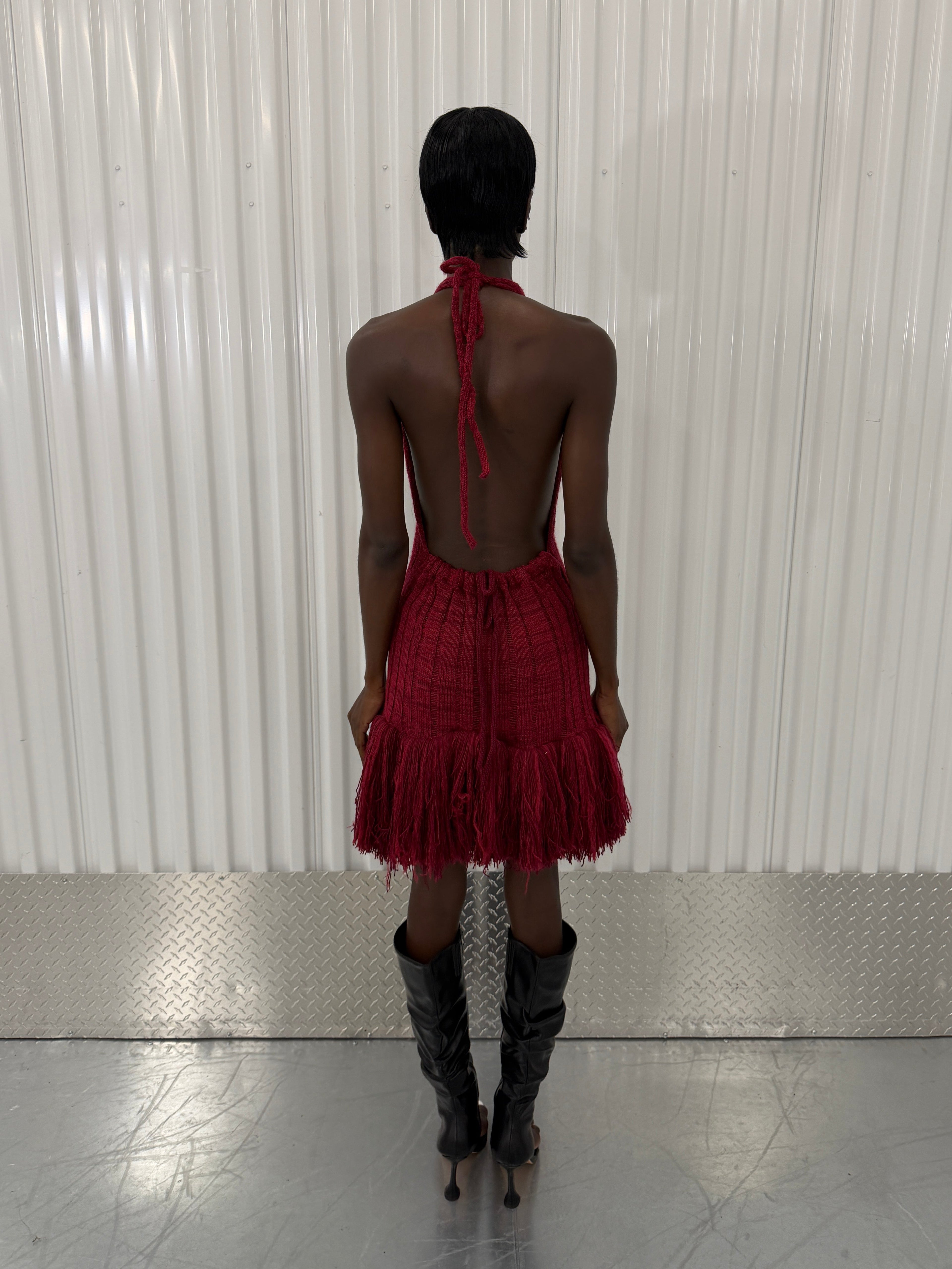 george trochopoulos red knit fringe dress