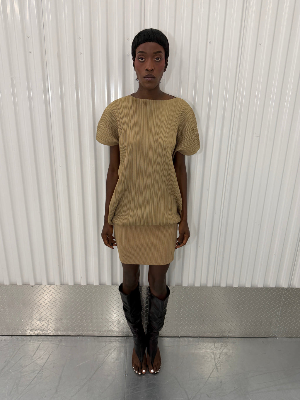 pleats please beige dress