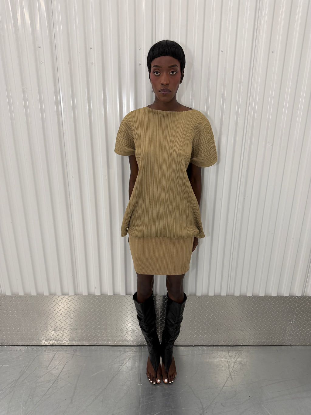 pleats please beige dress