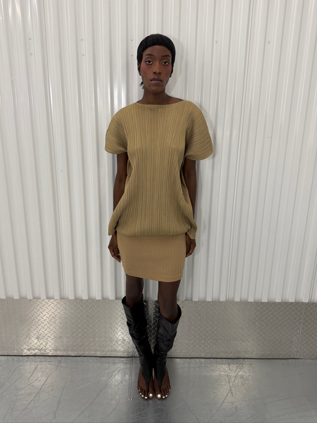 pleats please beige dress