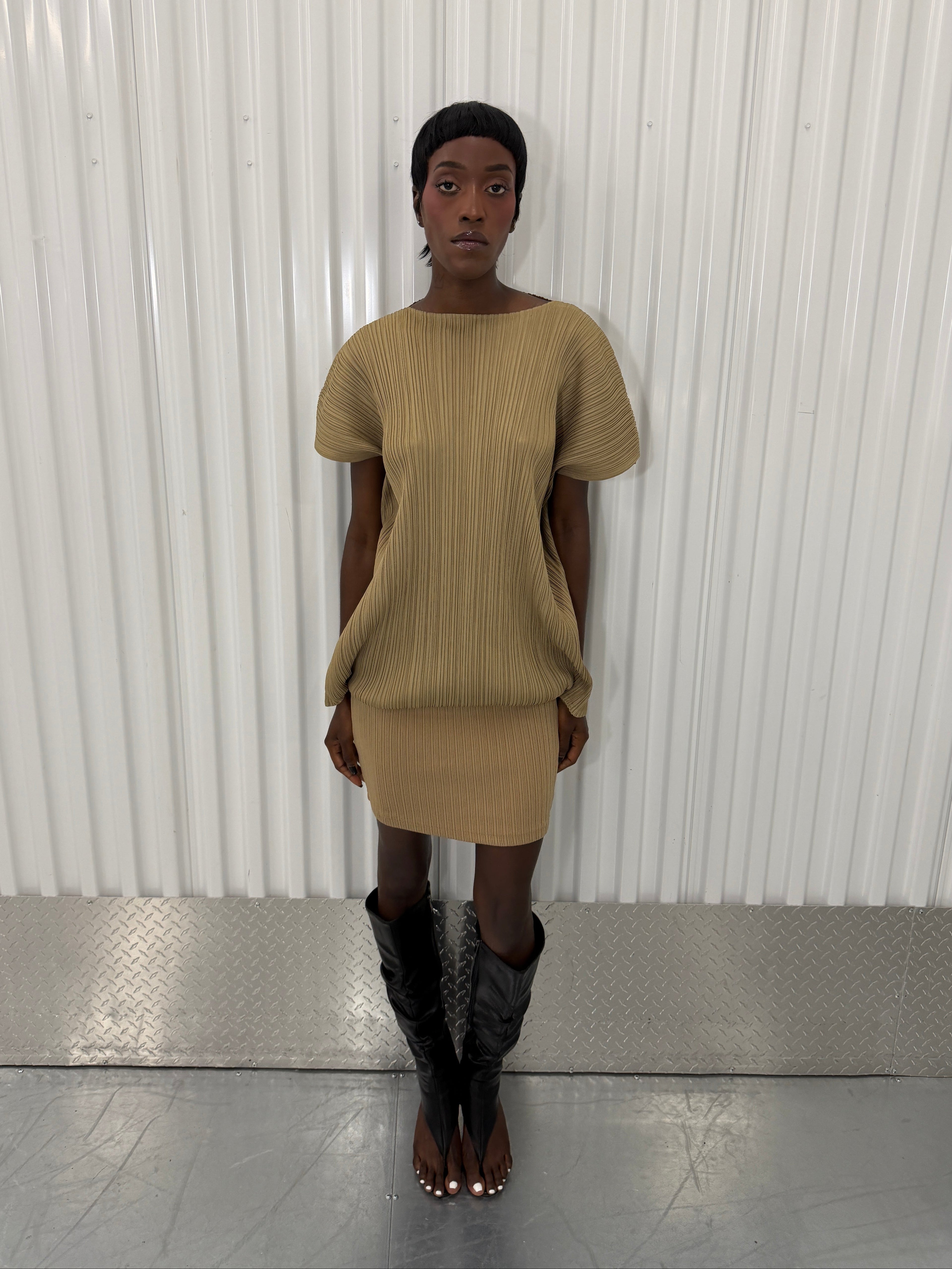 pleats please beige dress