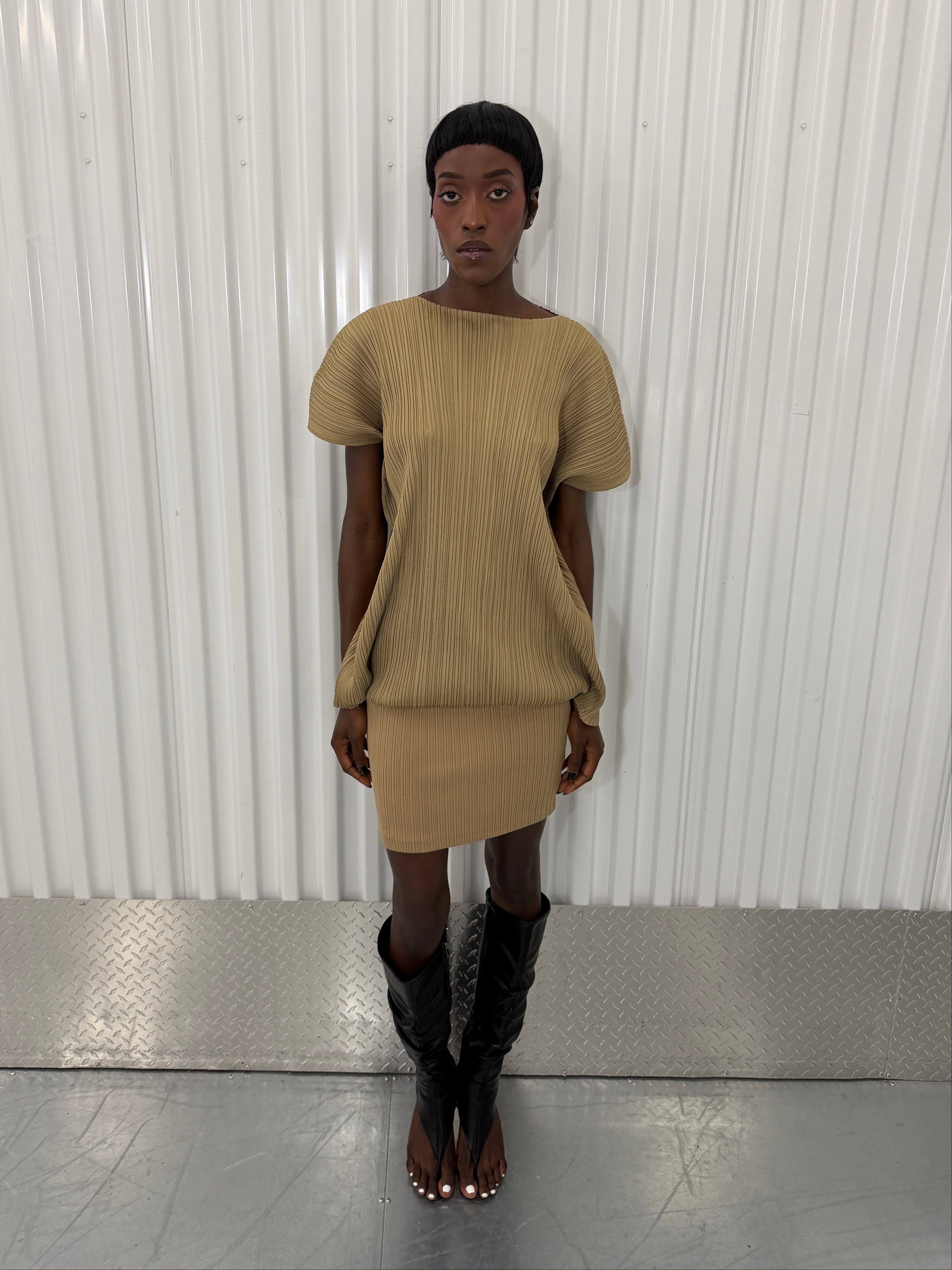 pleats please beige dress