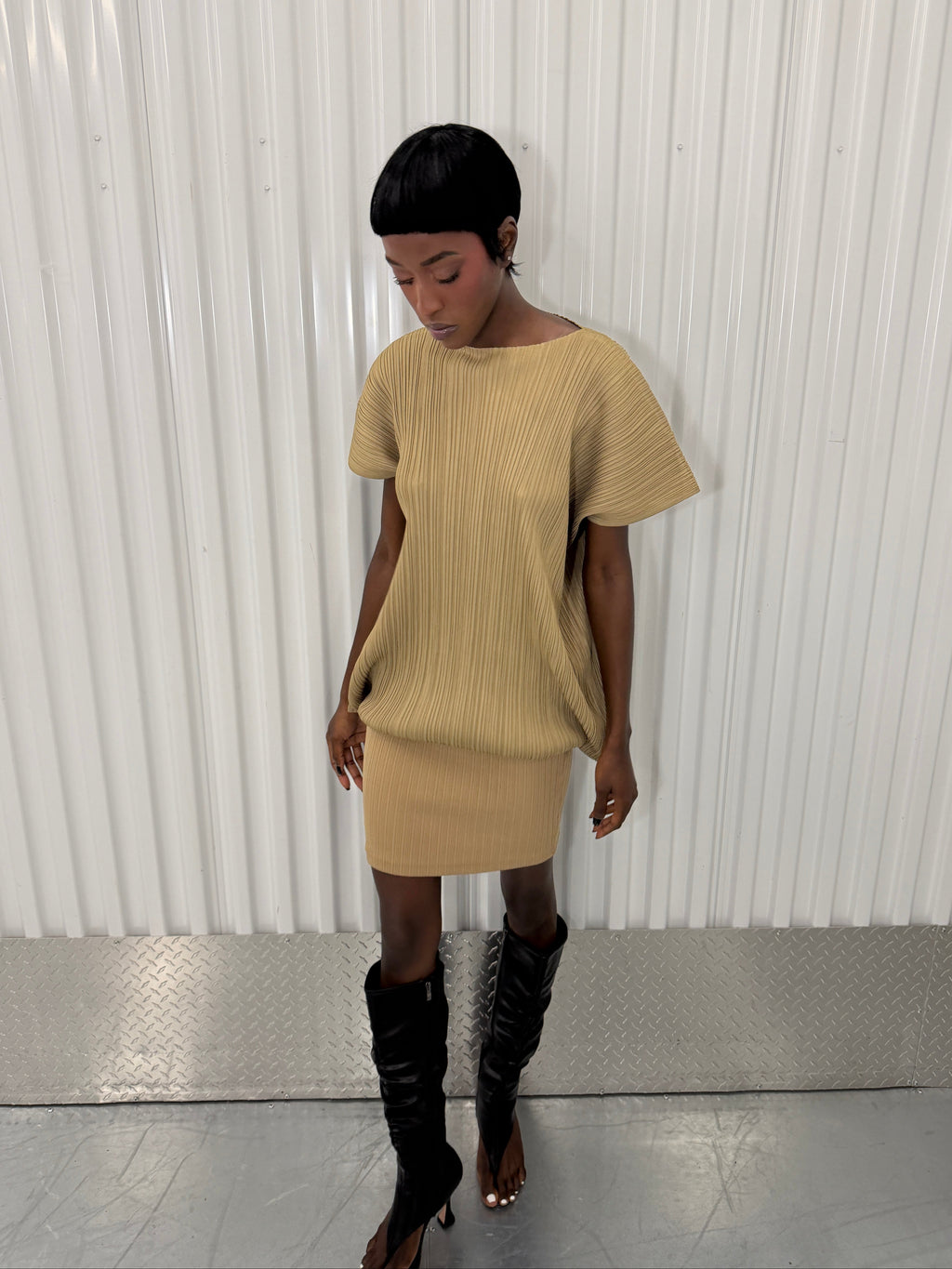 pleats please beige dress