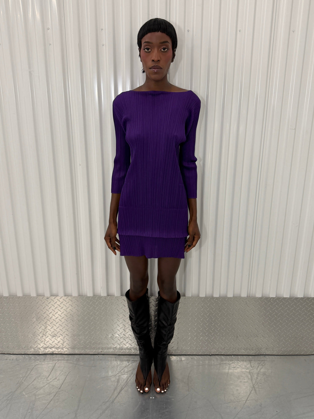 pleats please purple layered mini dress
