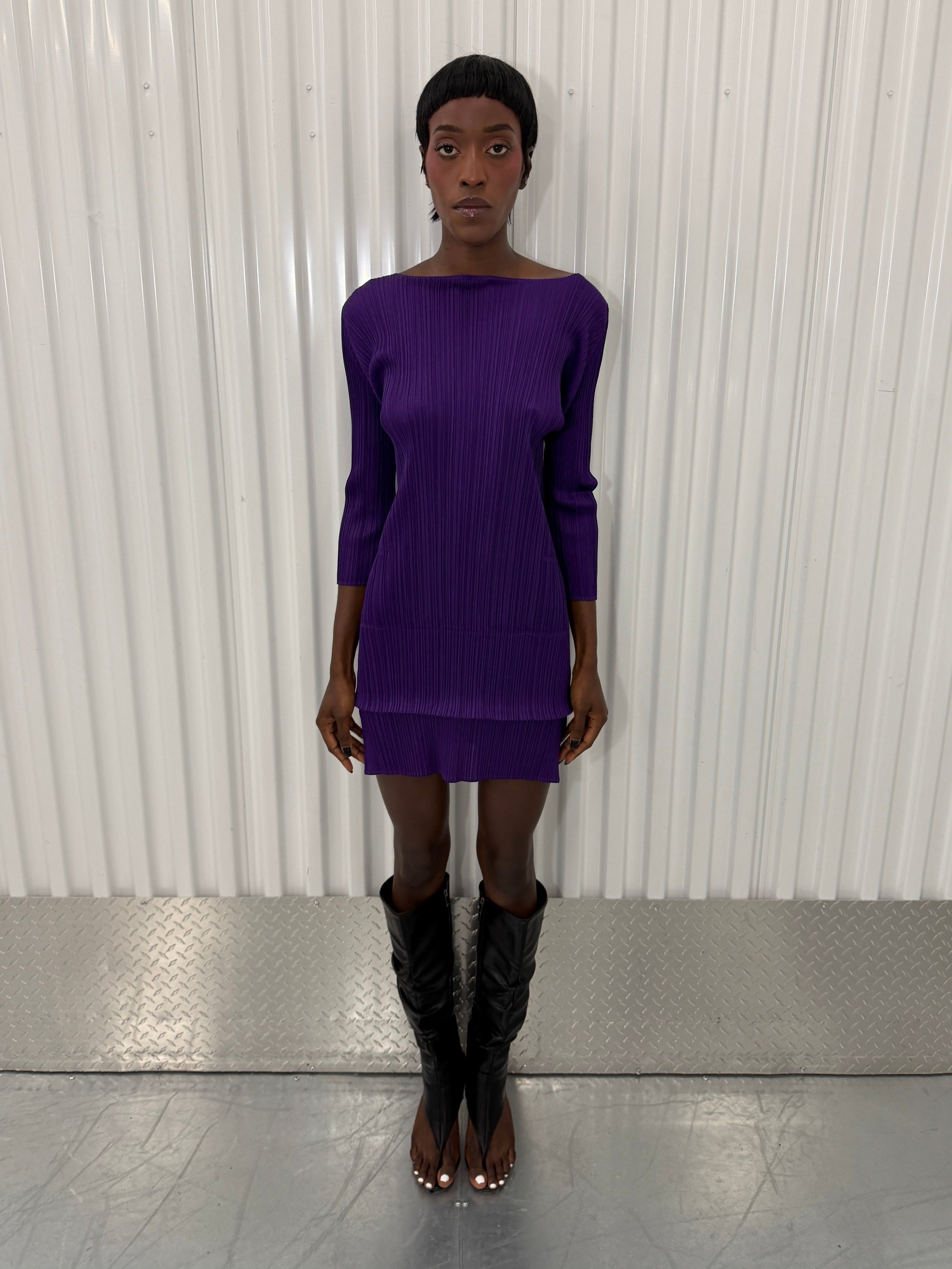 pleats please purple layered mini dress