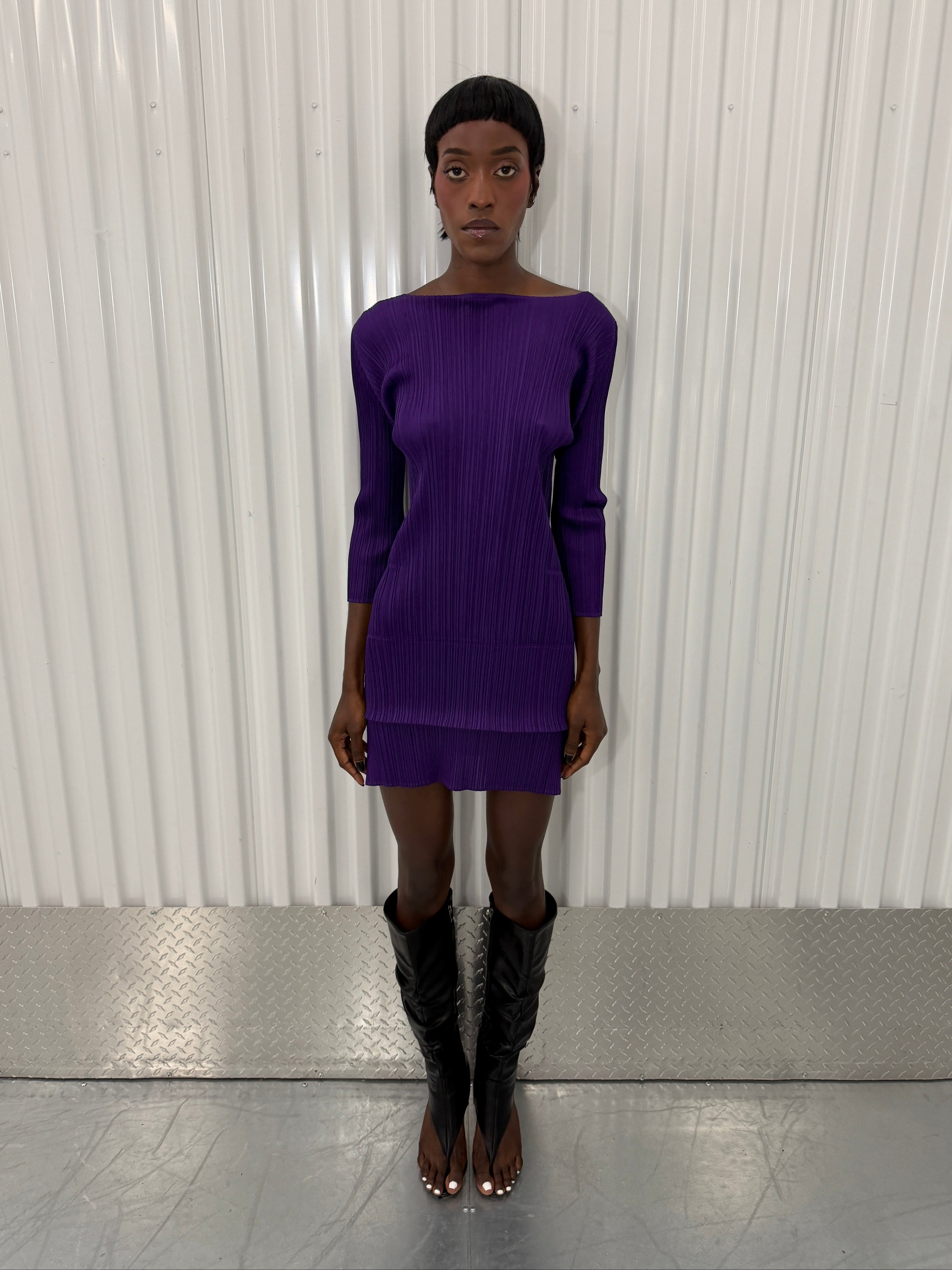 pleats please purple layered mini dress
