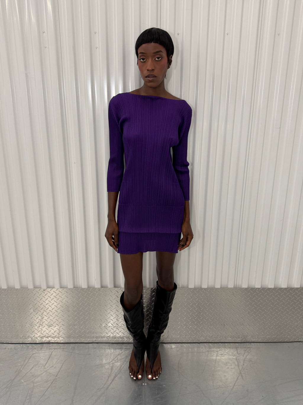 pleats please purple layered mini dress