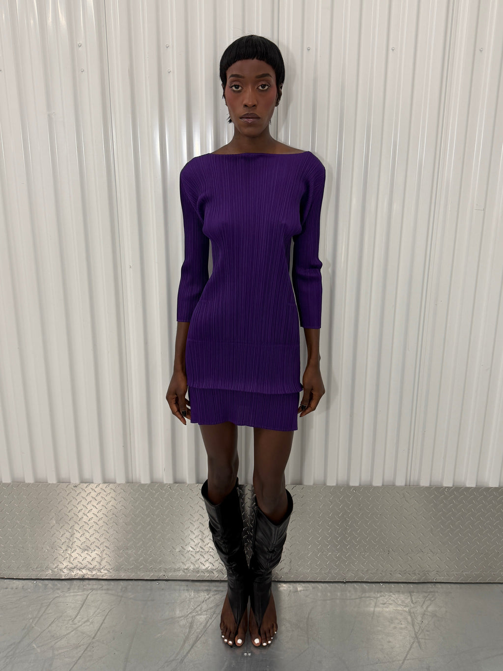 pleats please purple layered mini dress