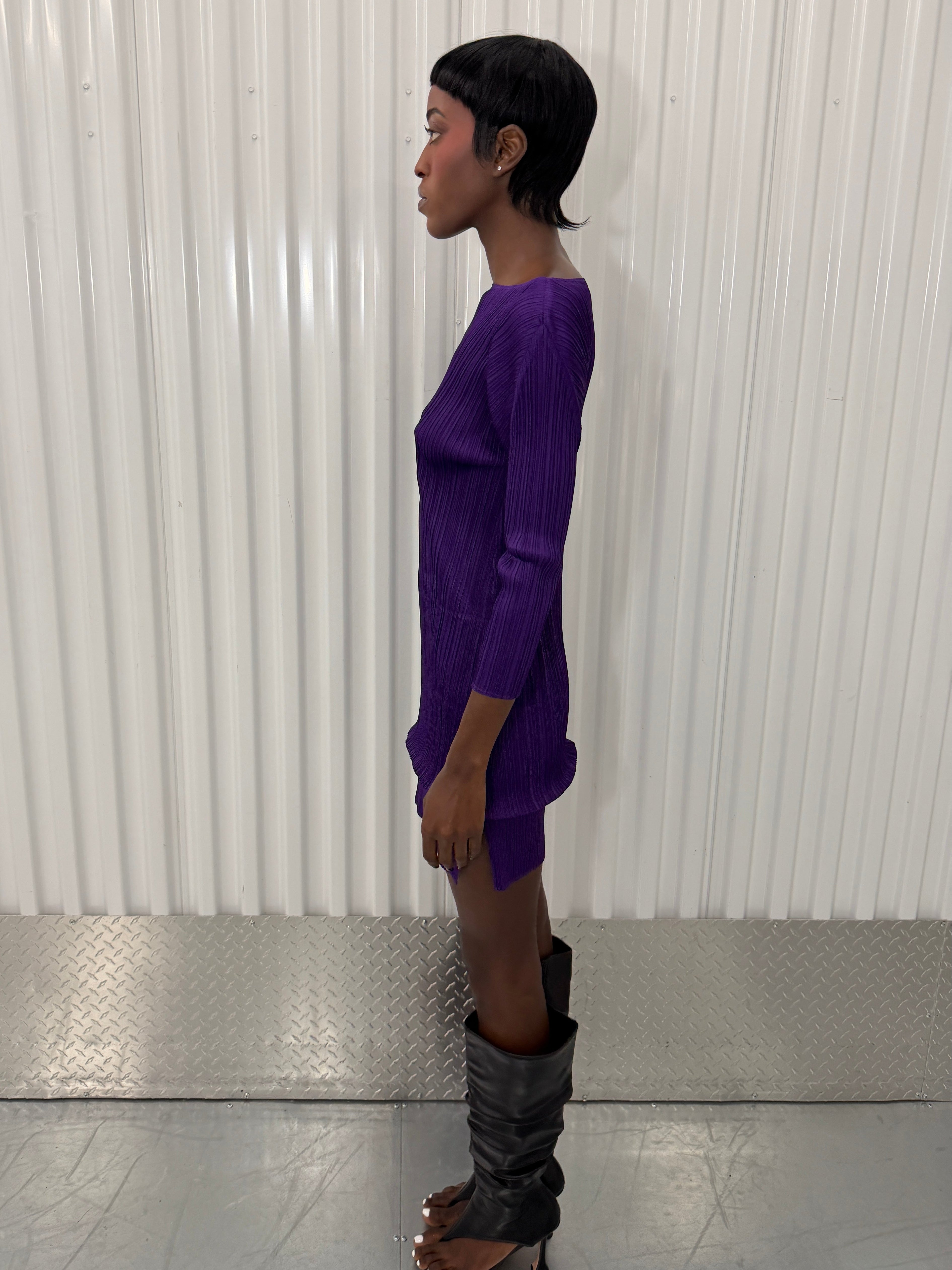 pleats please purple layered mini dress