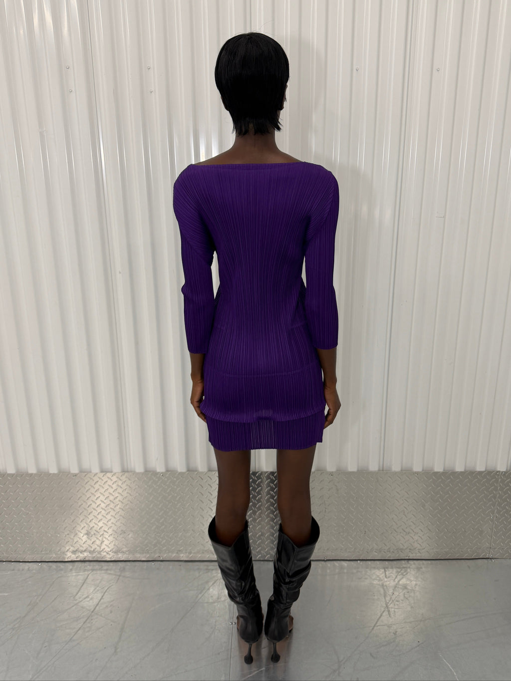 pleats please purple layered mini dress