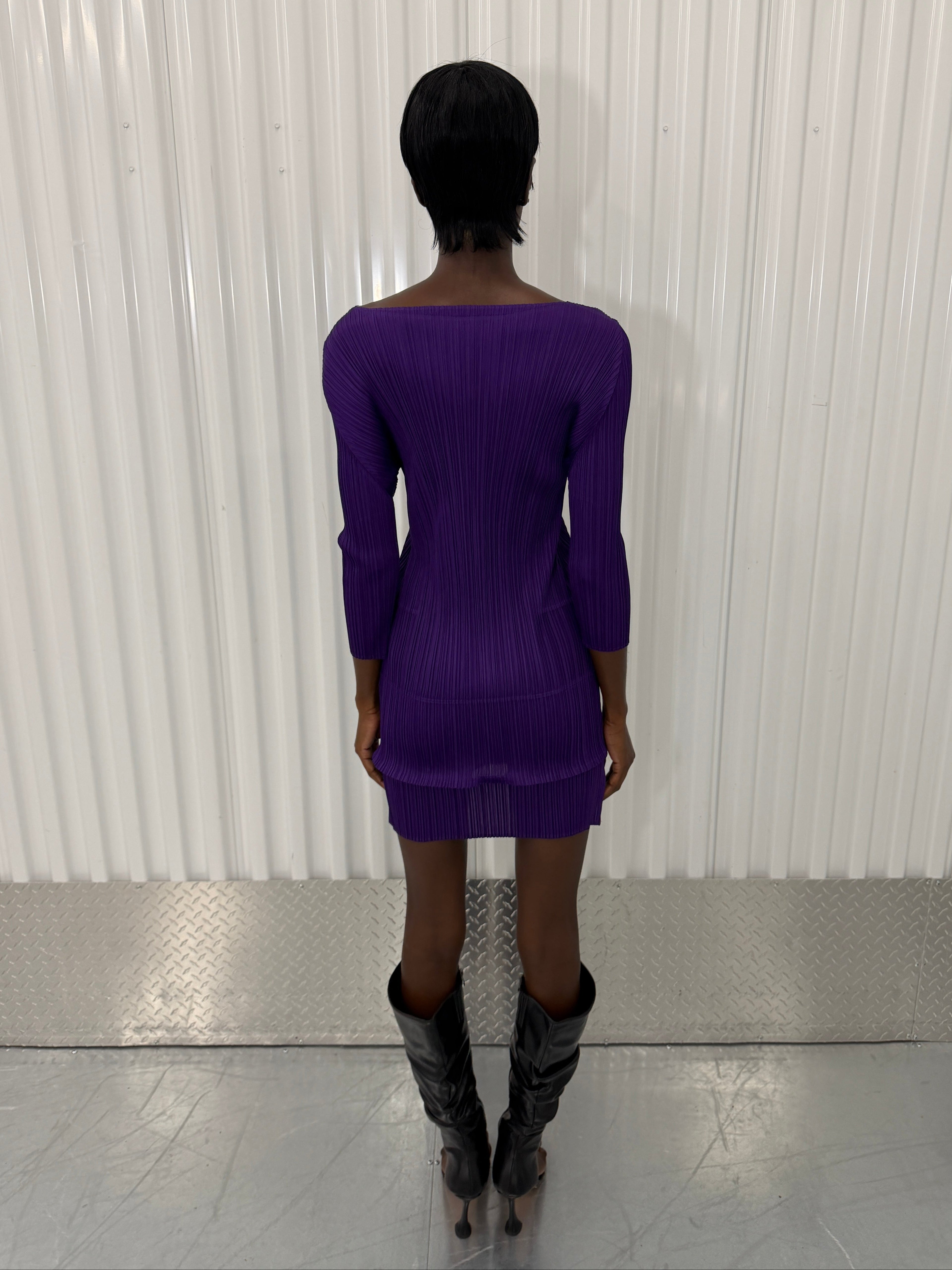 pleats please purple layered mini dress