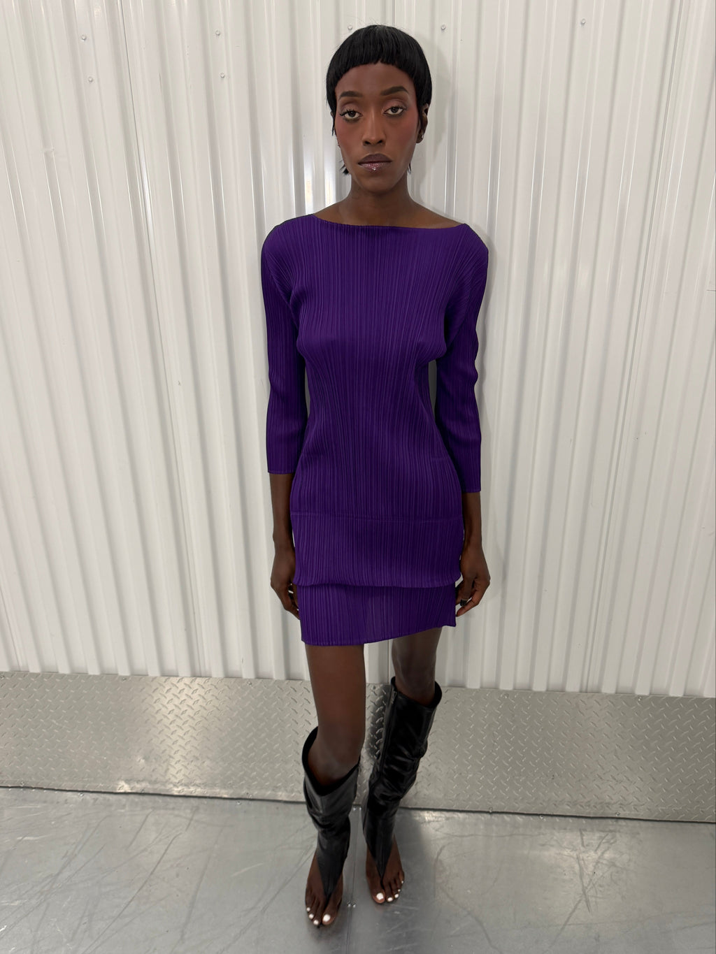 pleats please purple layered mini dress