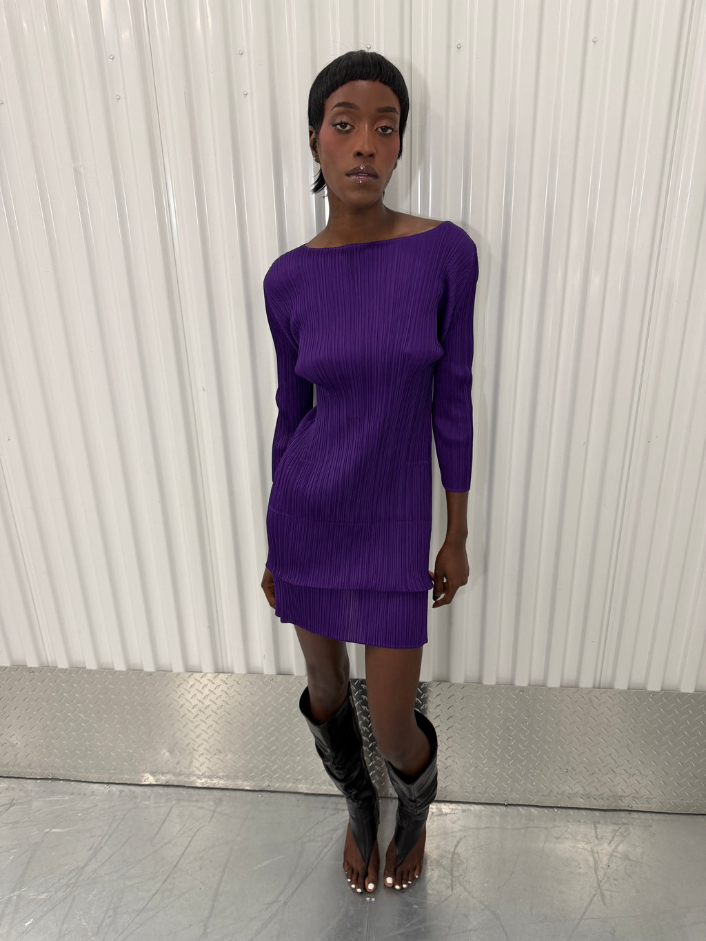 pleats please purple layered mini dress