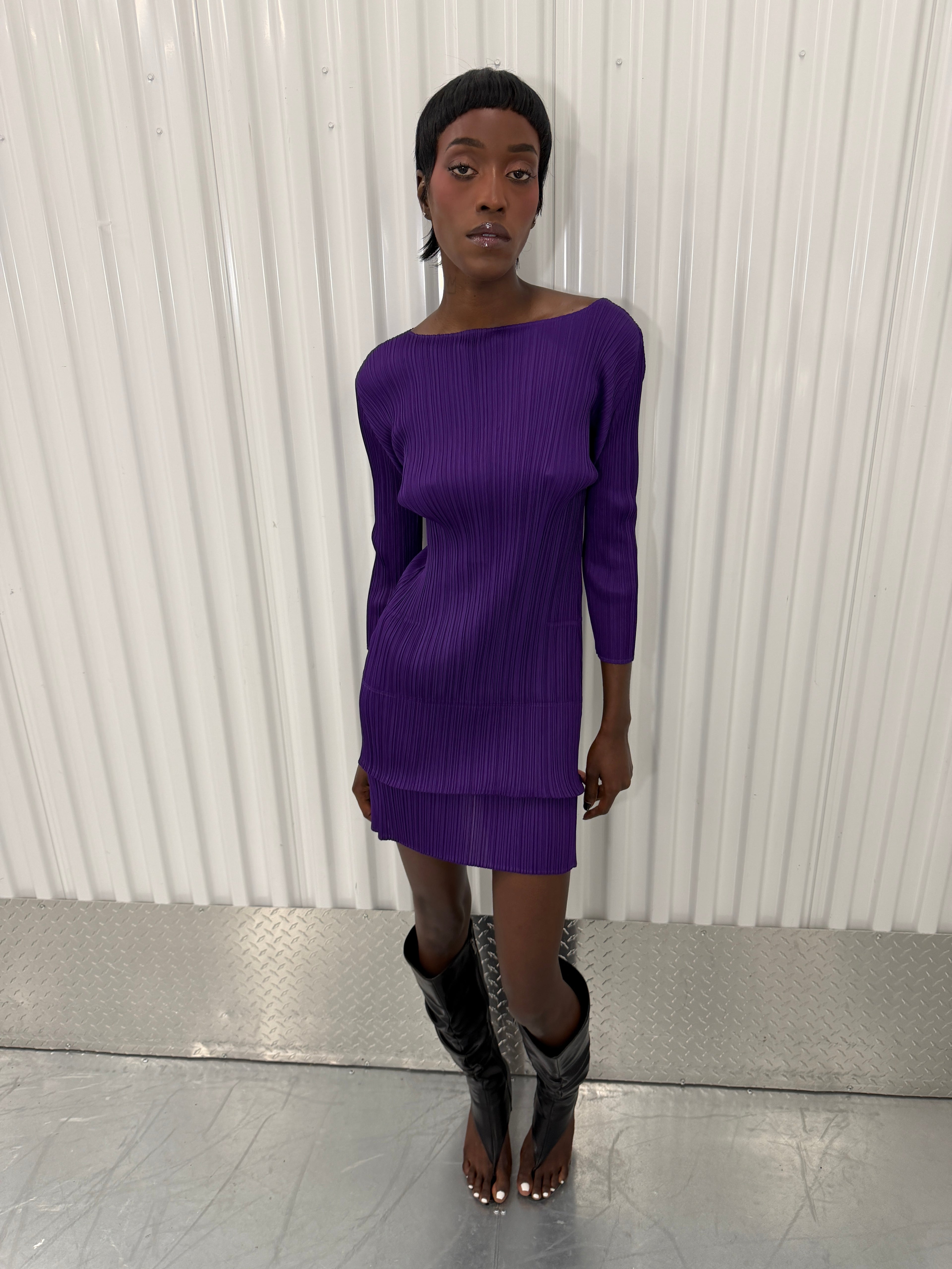 pleats please purple layered mini dress