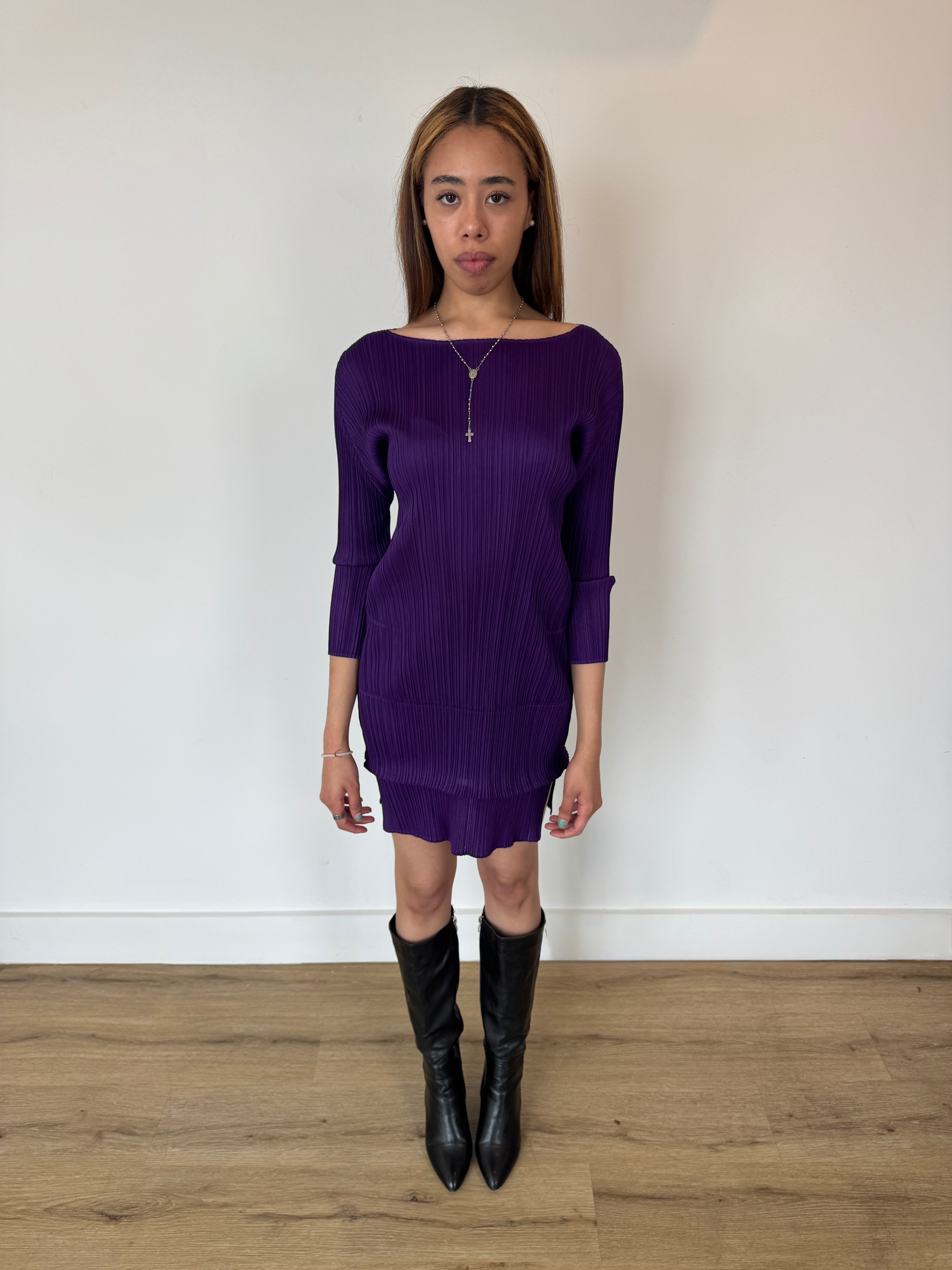 pleats please purple layered mini dress