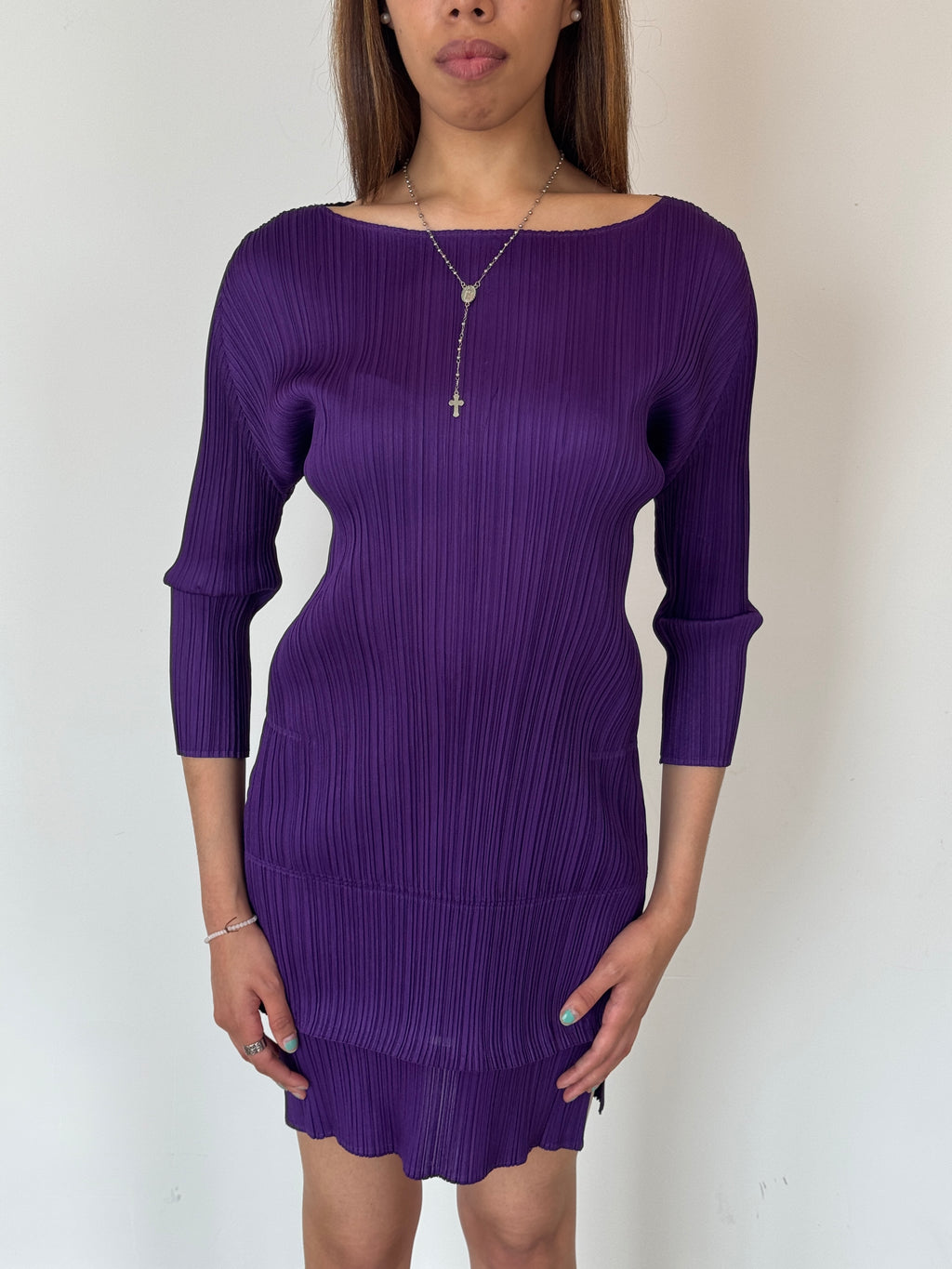 pleats please purple layered mini dress